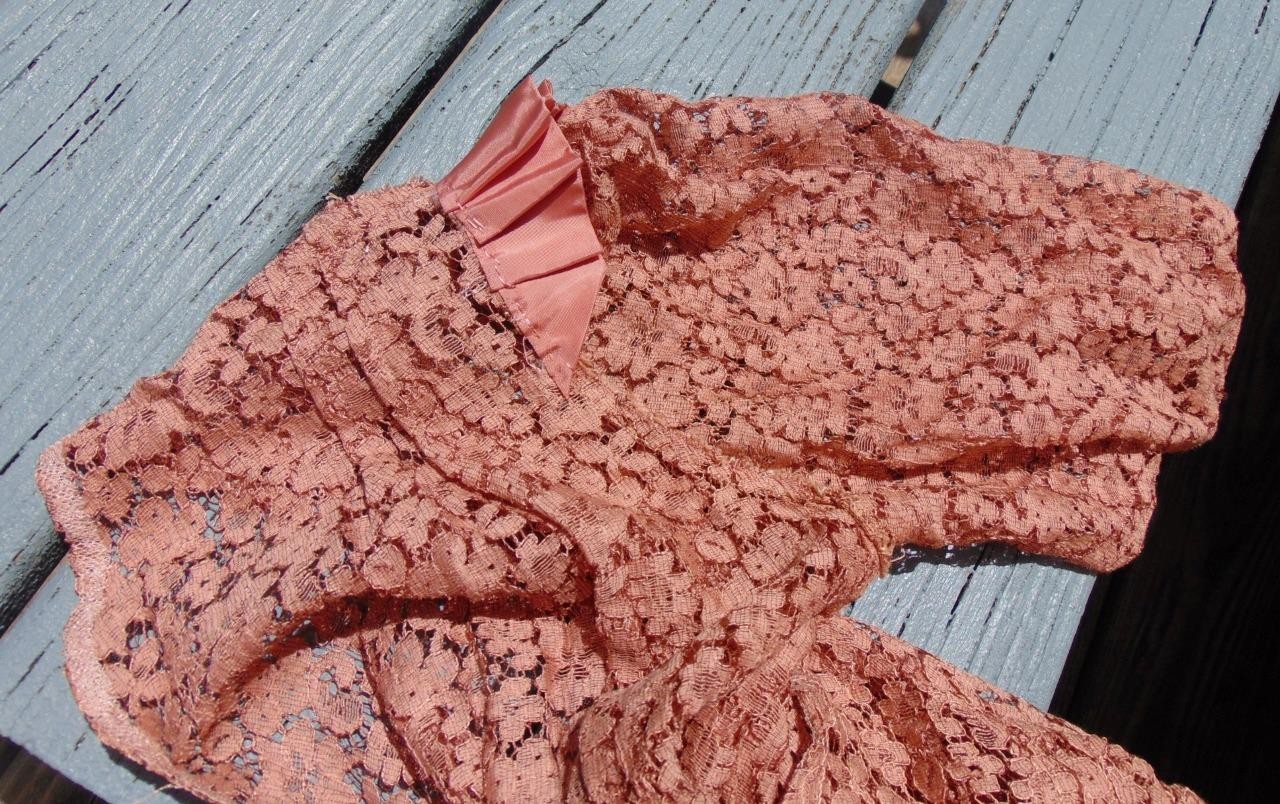 VTG 30s Peach Alencon Lace Puff Sleeve Dress & Matching Taffeta Slip 32W