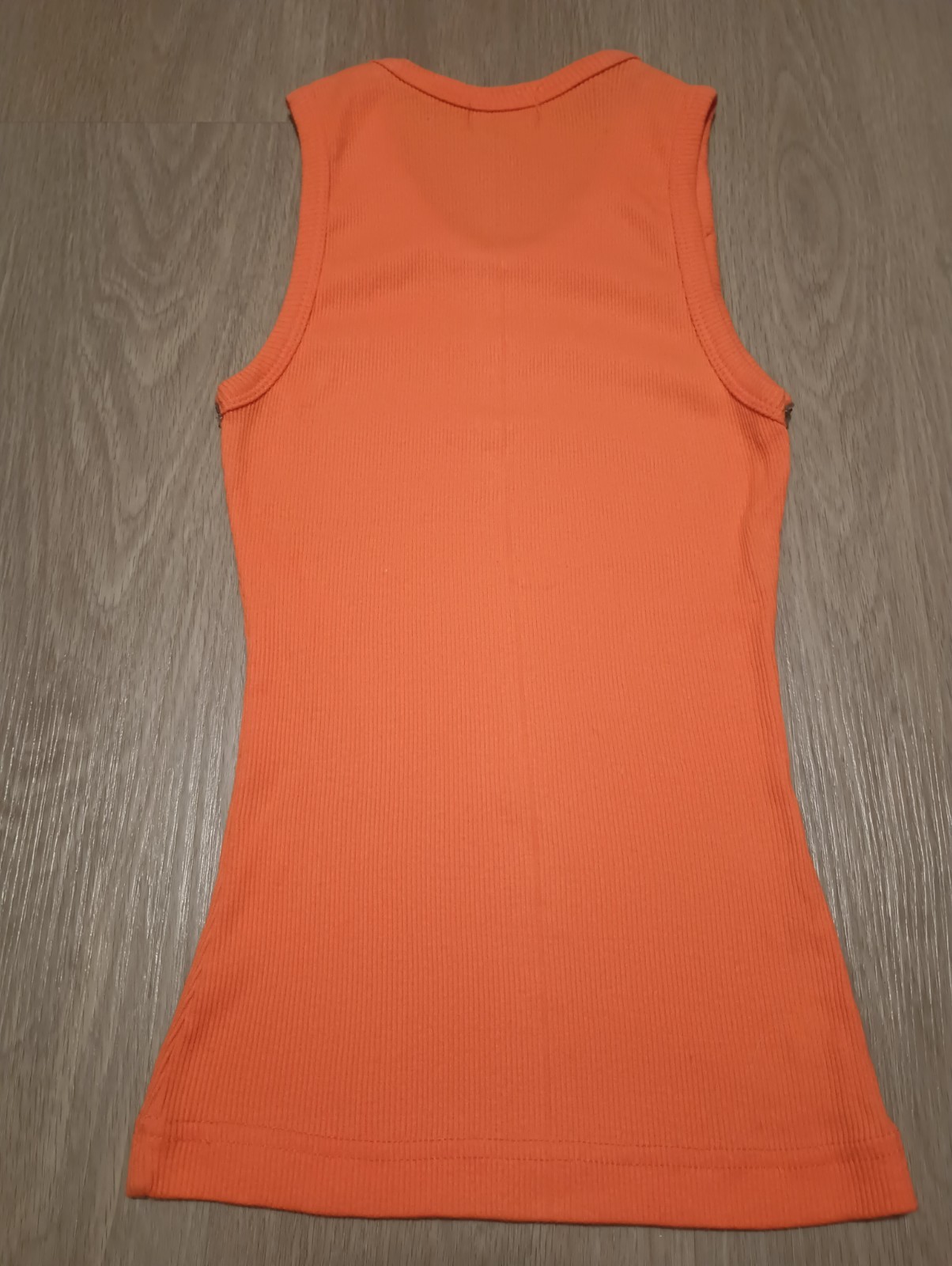 Vtg 90s Orange Stretch Rib Knit Tribal Geo Beaded Yoke Tank Top summer beach XS