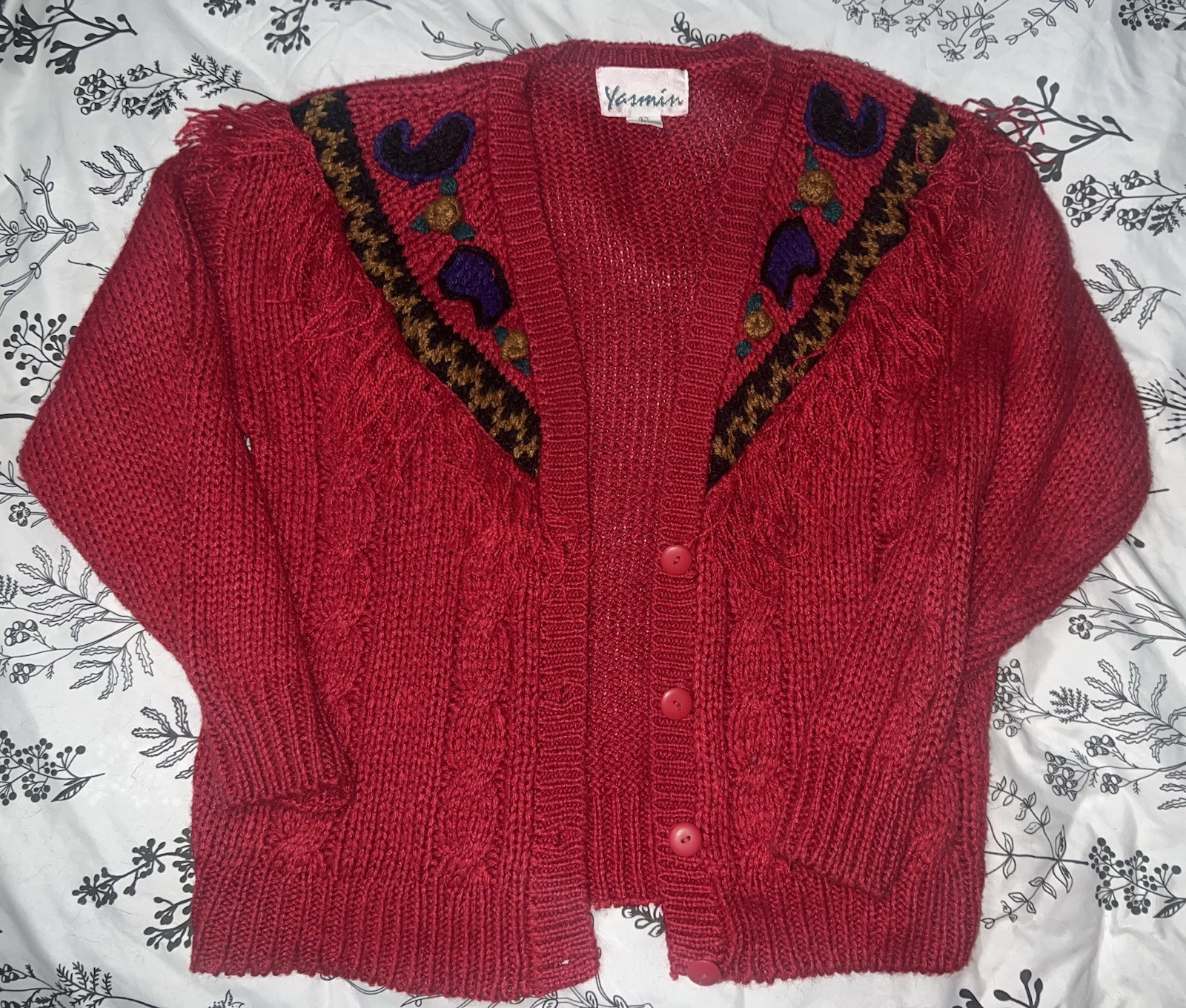 Vintage 80s Yasmin Fringe Ramie Cardigan Red Cable Knit Southwestern L