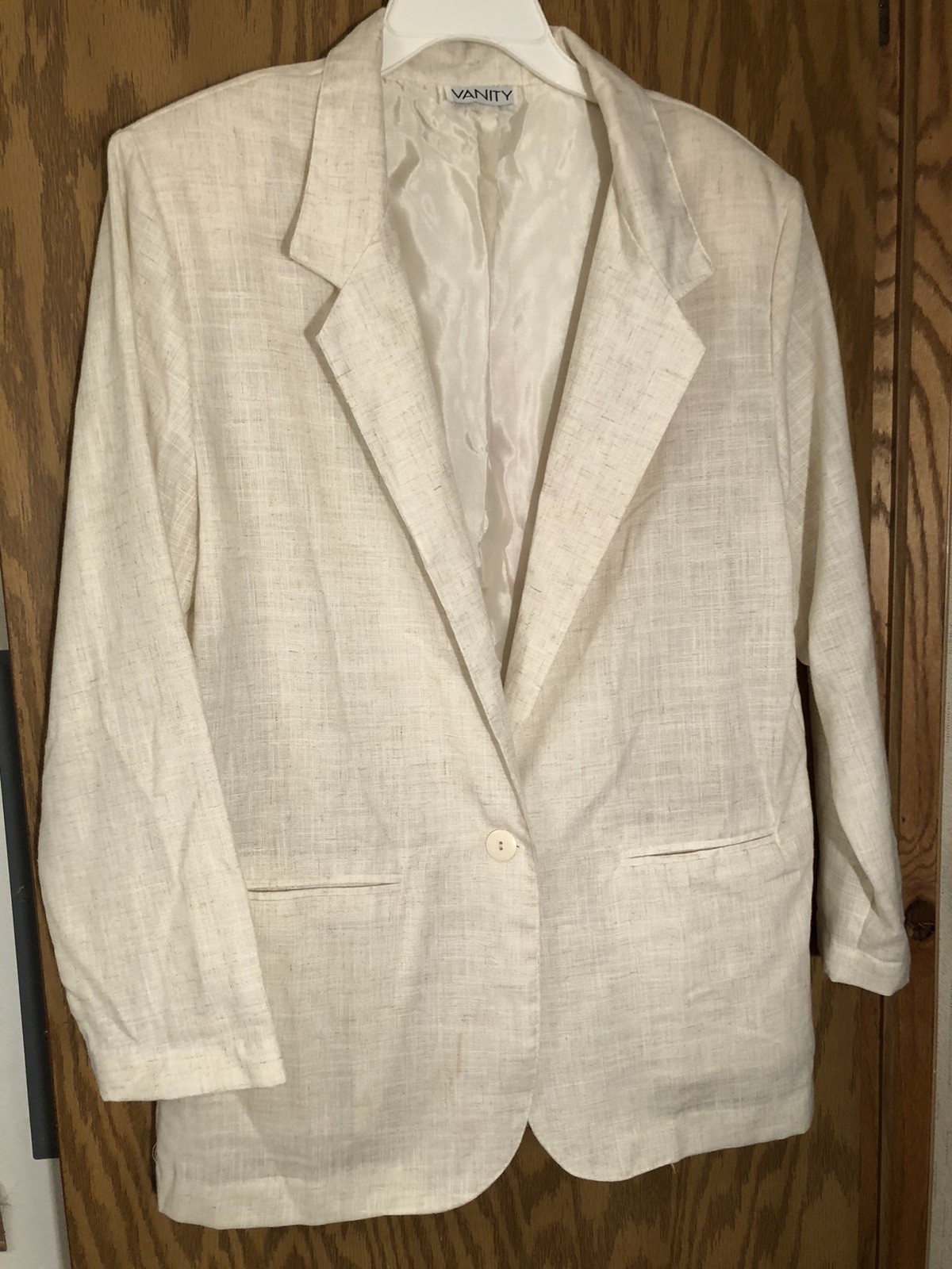 Women’s Size L Ivory Polyester Rayon Lined VANITY Blazer 32 Long 23 Chest