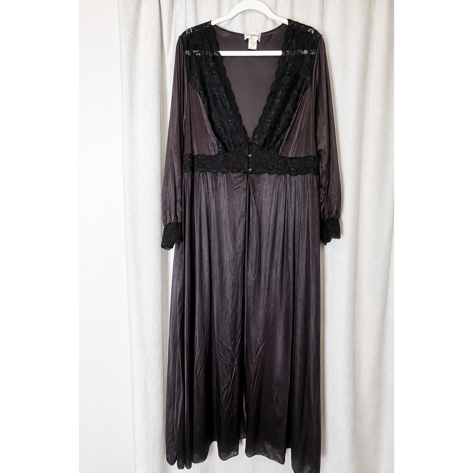 Vintage Shadowline 1X Black Lace Peignoir Duster Robe Maxi Romantic Boudoir