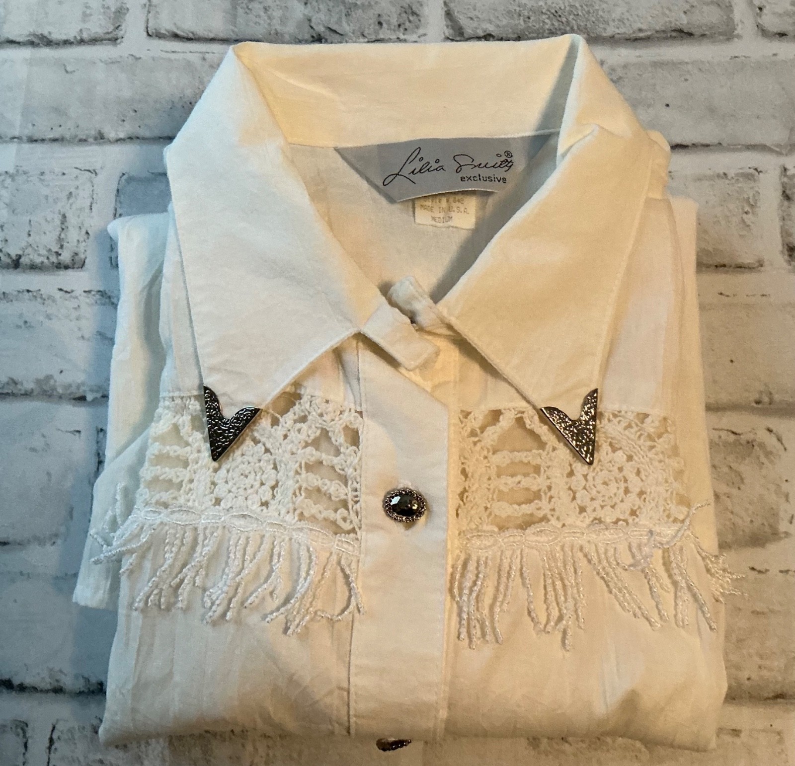 Lilia Smitty White Long Sleeve Medium Western Lace Metallic Bib Shirt 80’s VTG