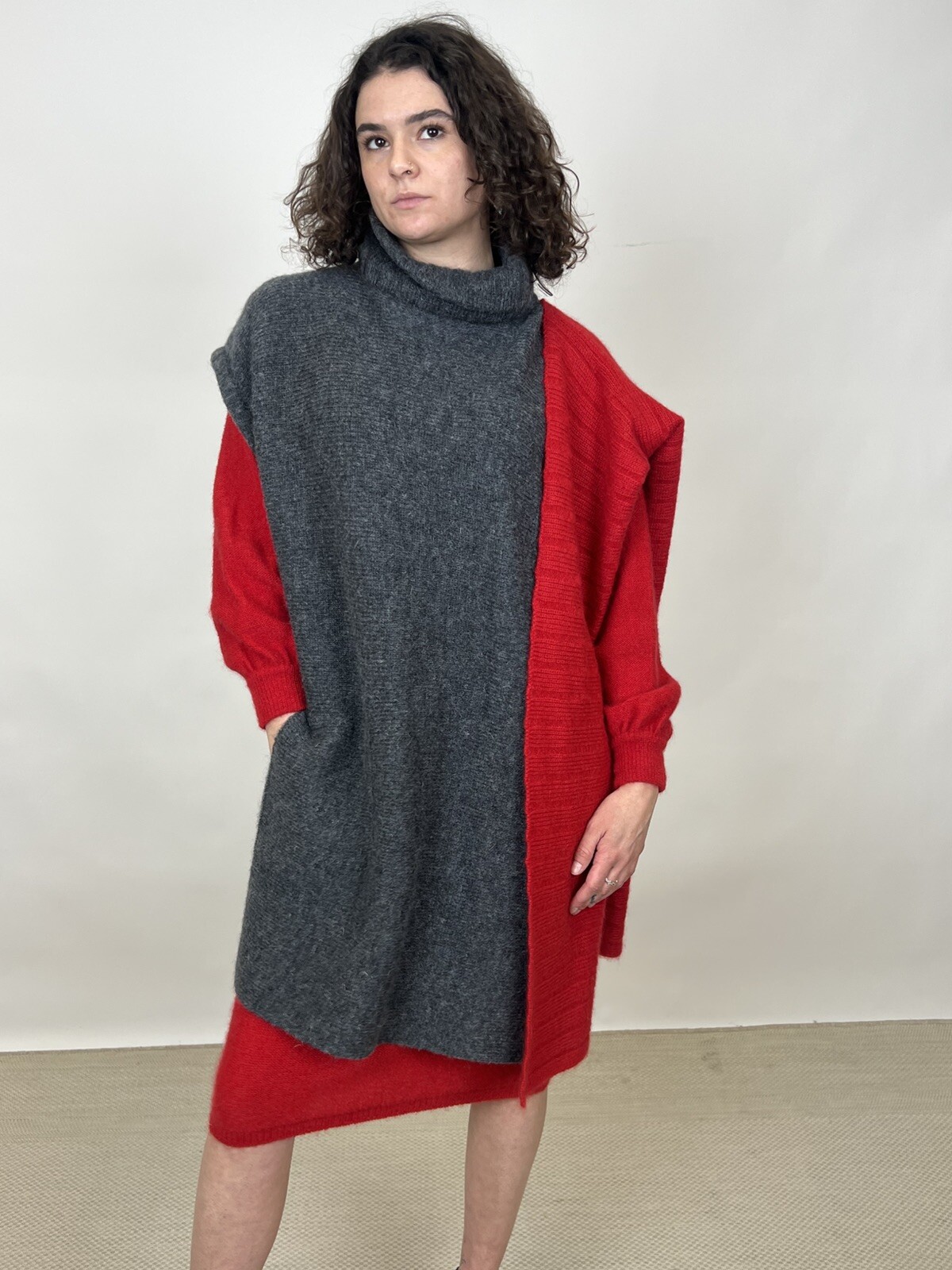 Vintage 1980s Karl Lagerfeld for Chloe Sweater Dress & Poncho Red Gray Designer