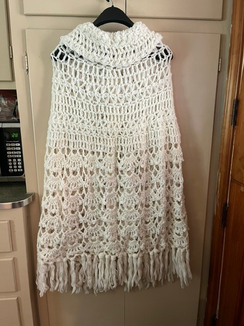 1960s Glentex Hand Made Knit Poncho Button Down Collared Sweater Fringe White