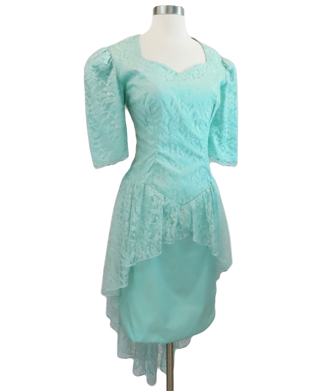 Vintage 80s Blue Green Seafoam Lace Peplum Sheath Cocktail Party Prom Dress L XL