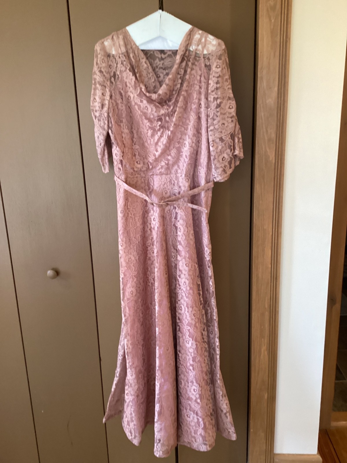 vtg Du Barry fashion 1930s 40s dusty pink lace overlay dress full length gown