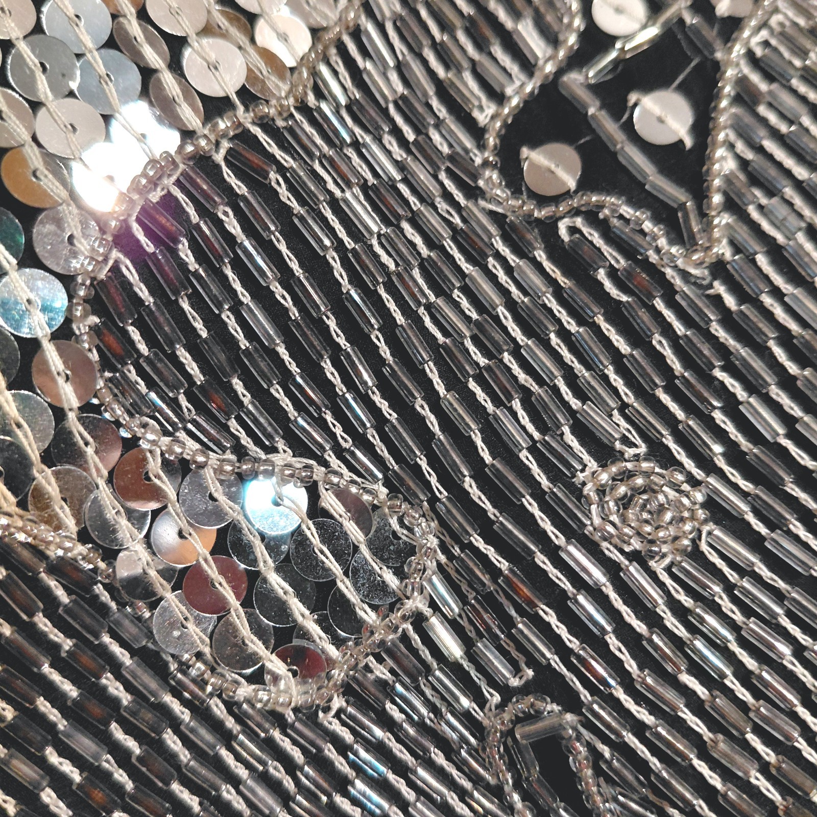 M L JUDITH ANN CREATIONS SILK SHIMMERY BLACK SILVER BEADED SEQUINS TOP VINTAGE