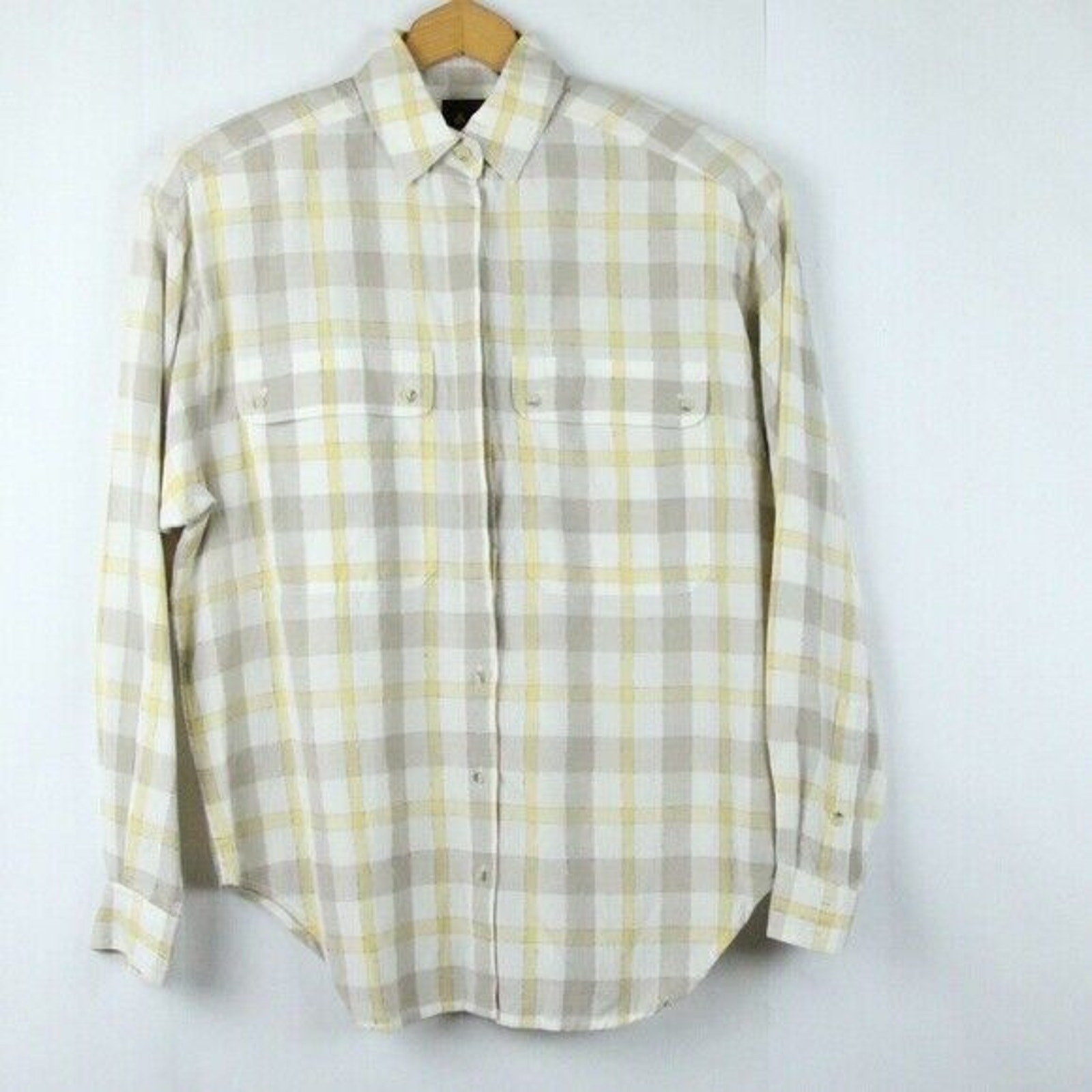 Vintage 90s Medium Button Up Top Butter Yellow Plaid Preppy Oversized Boyfriend