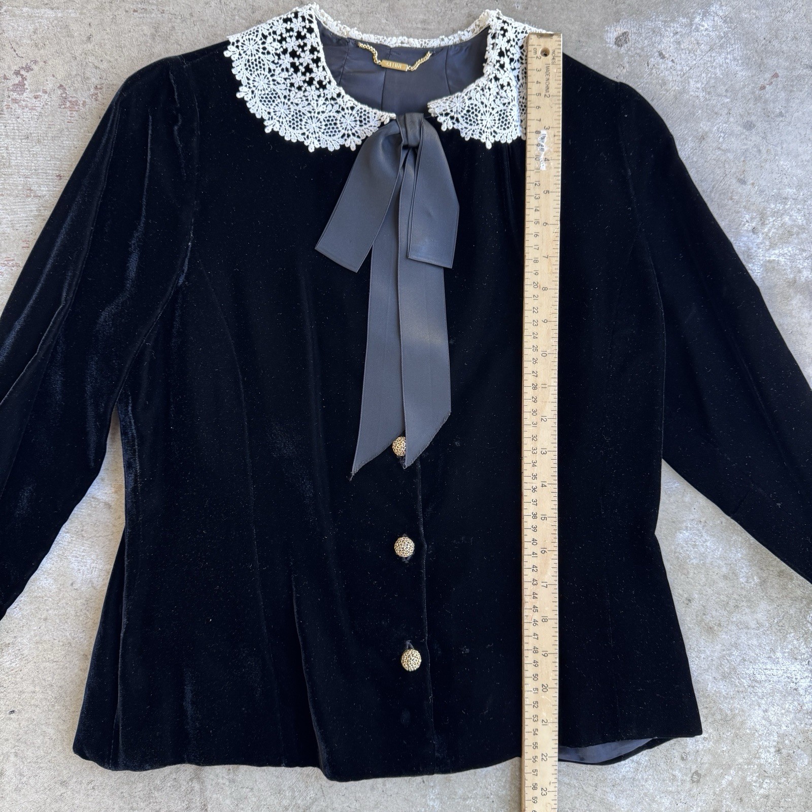 Vtg 80s Celine Velvet Blouse Lace Peter Pan Collar Jacket Tie Ribbon Silk Paris
