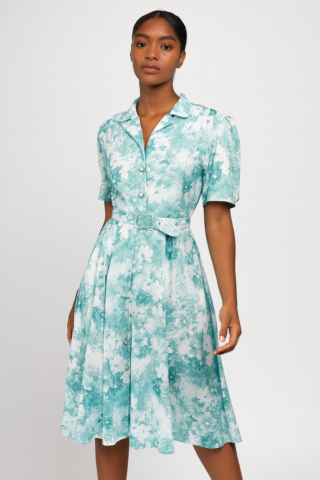 New VTG California Looks Dress Woman SZ 8 Petite Aqua Floral Belted CottageCore