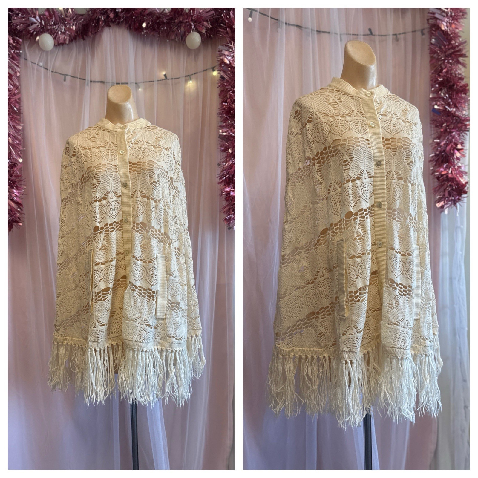Vintage 60s 70s Fringe Crochet Boho Hippie Poncho Cape Ivory Cream S/M/L