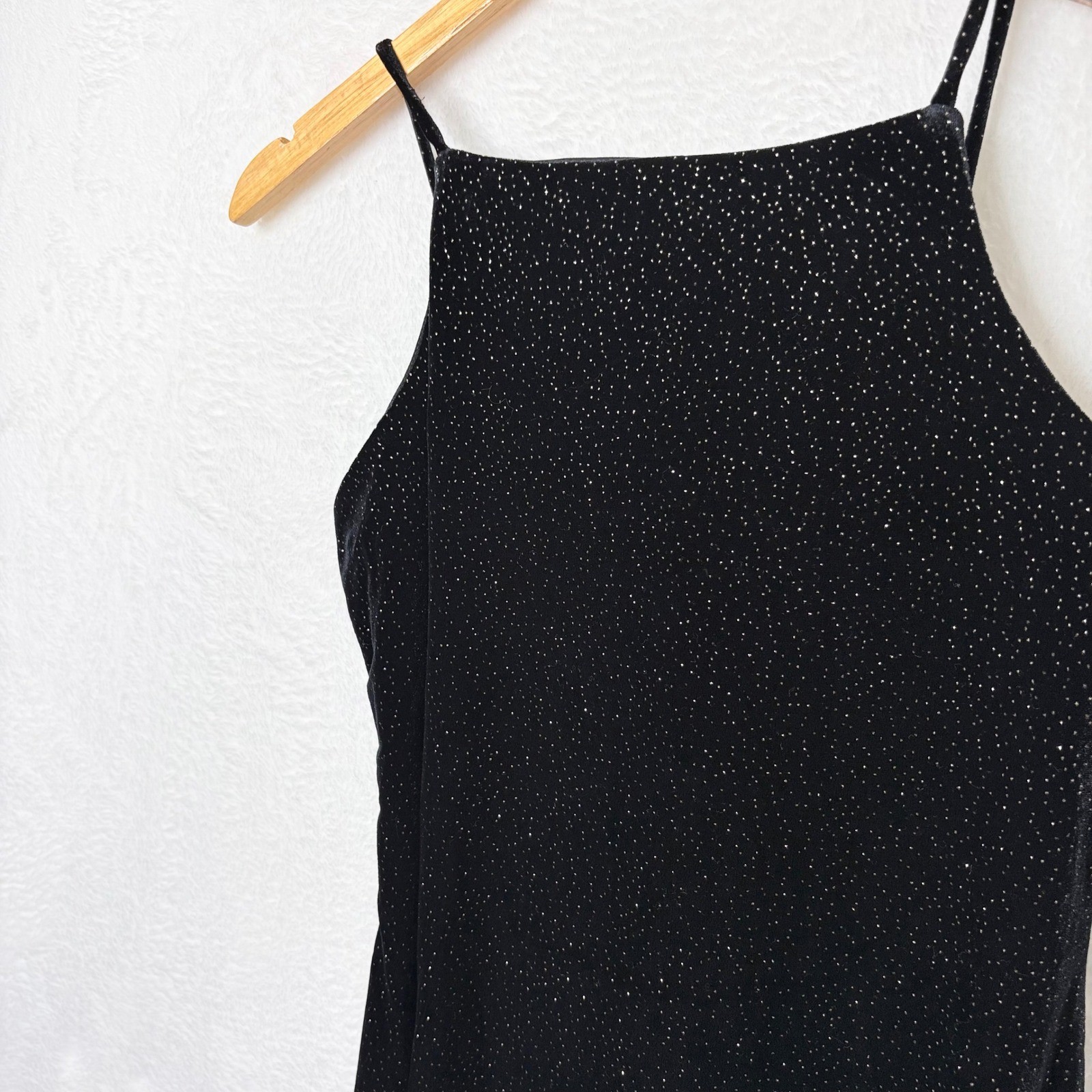 Vintage Maurices Black Velvet Sparkle Maxi Dress Square Neck Straps Size 10 90s