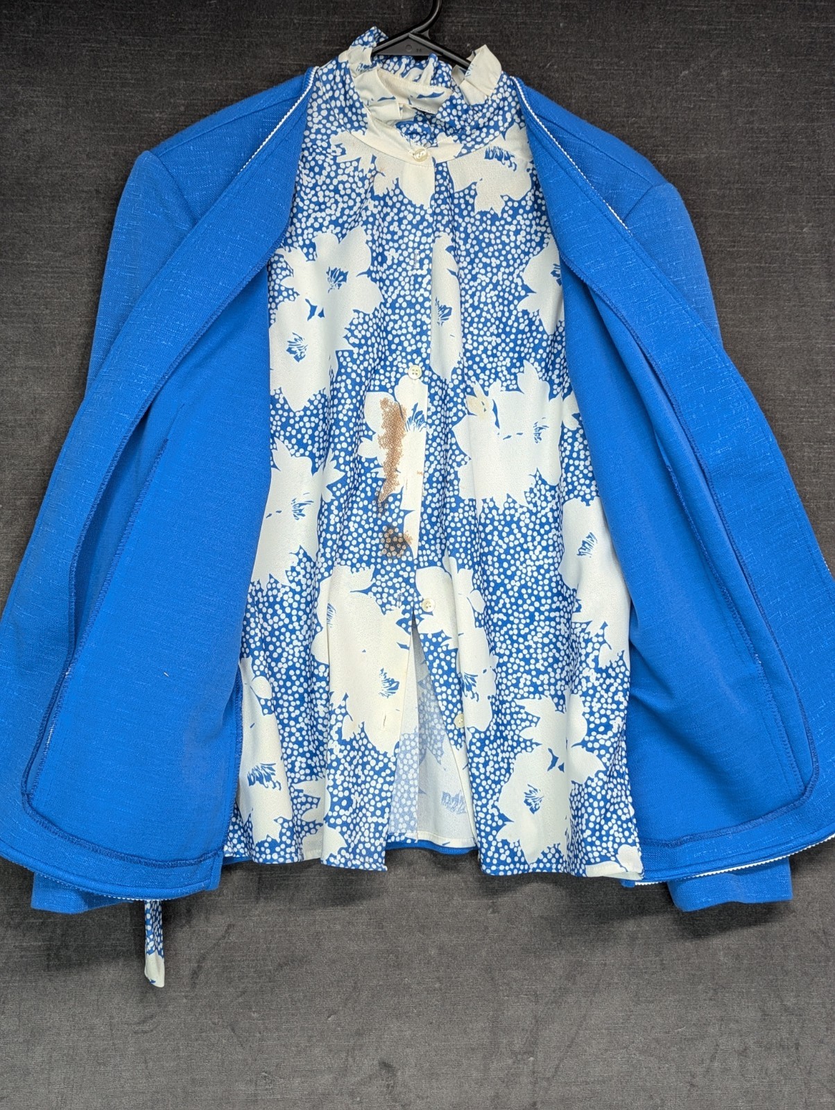 Vtg Cape Cod Match Mates Blue Shirt/Jacket Set Grandma Core Pussycat Bow Coastal