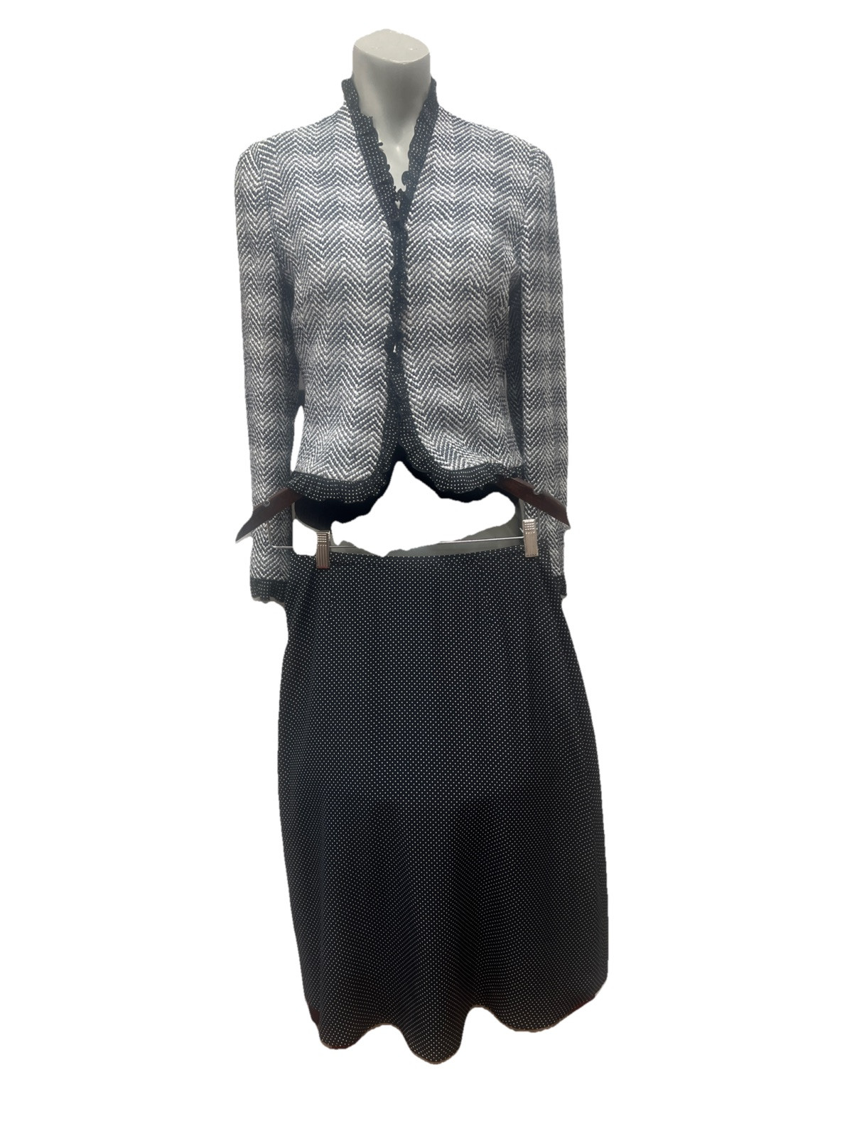 Escada Vntg. 3Pc Skirt Set. Blk/Wht Tweed Jacket W/ Flecks. Knit Tank. Dot Skirt