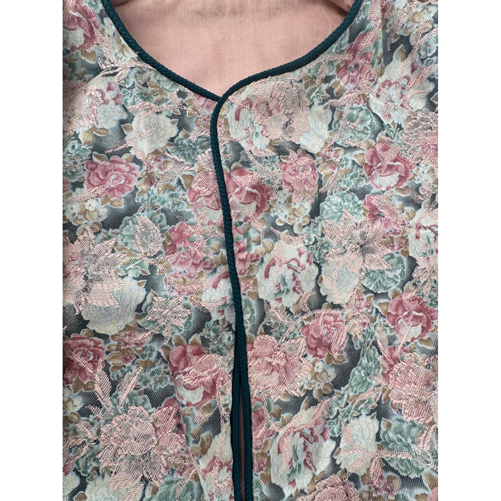 Vintage Handmade Floral Tapestry Vest Pink Rose Brocade Open Front Cottagecore