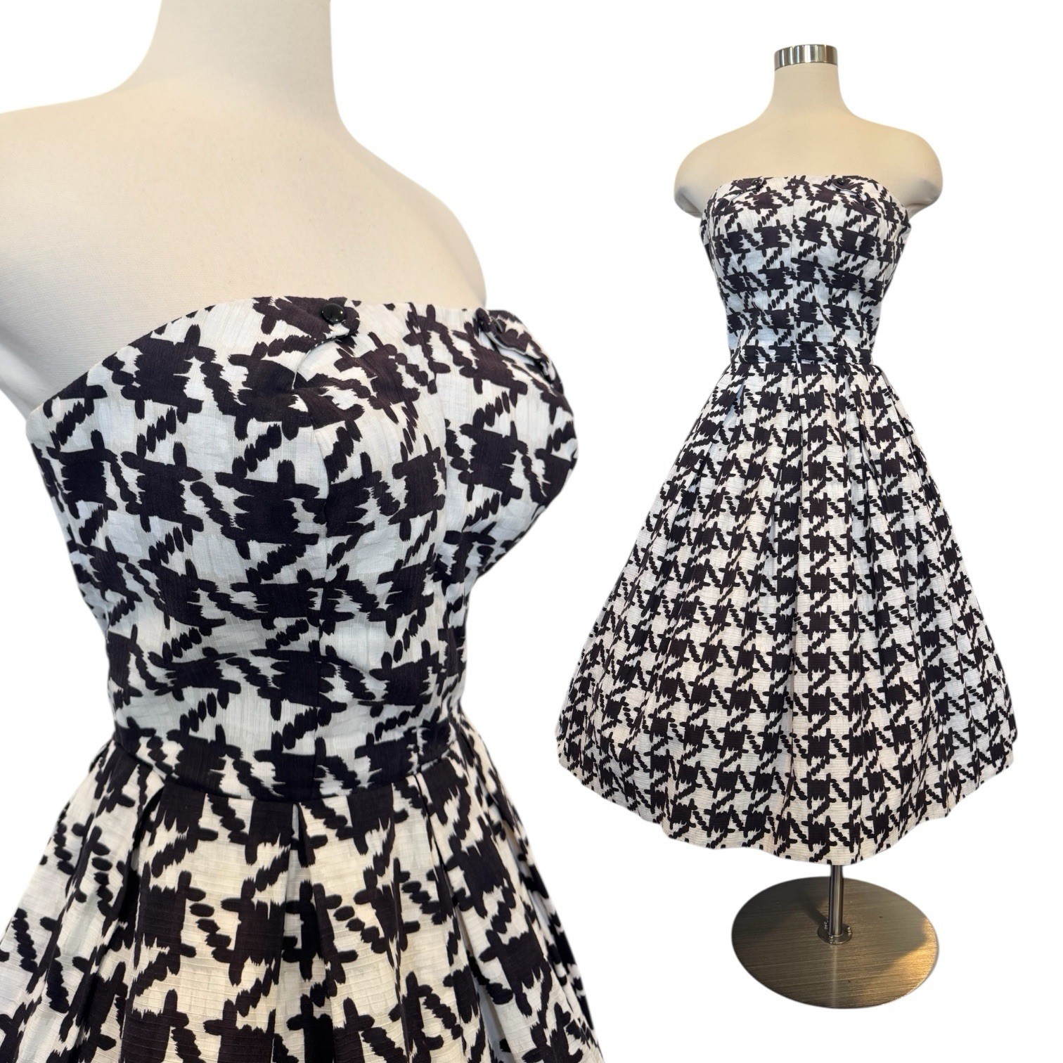 Vintage 50s Houndstooth Check Strapless New Look Fit & Flare Party Dress Town M