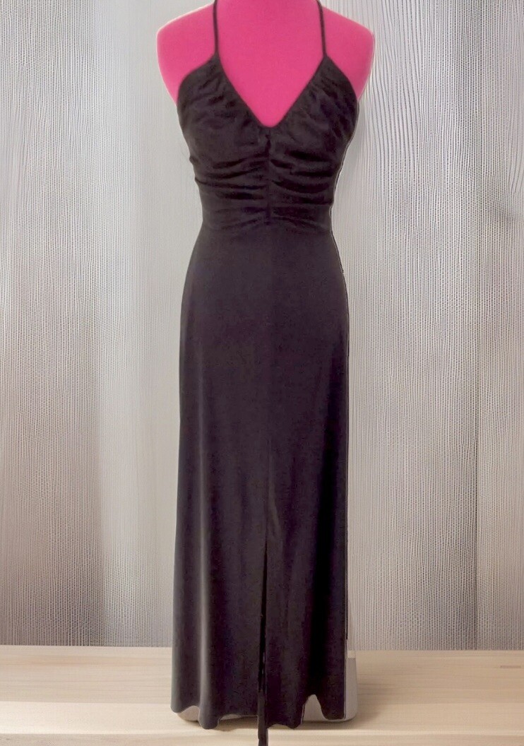 RARE VINTAGE 70’S PACINO CALIFORNIA GATHERED CRISSCROSS BACK BLACK MAXI DRESS