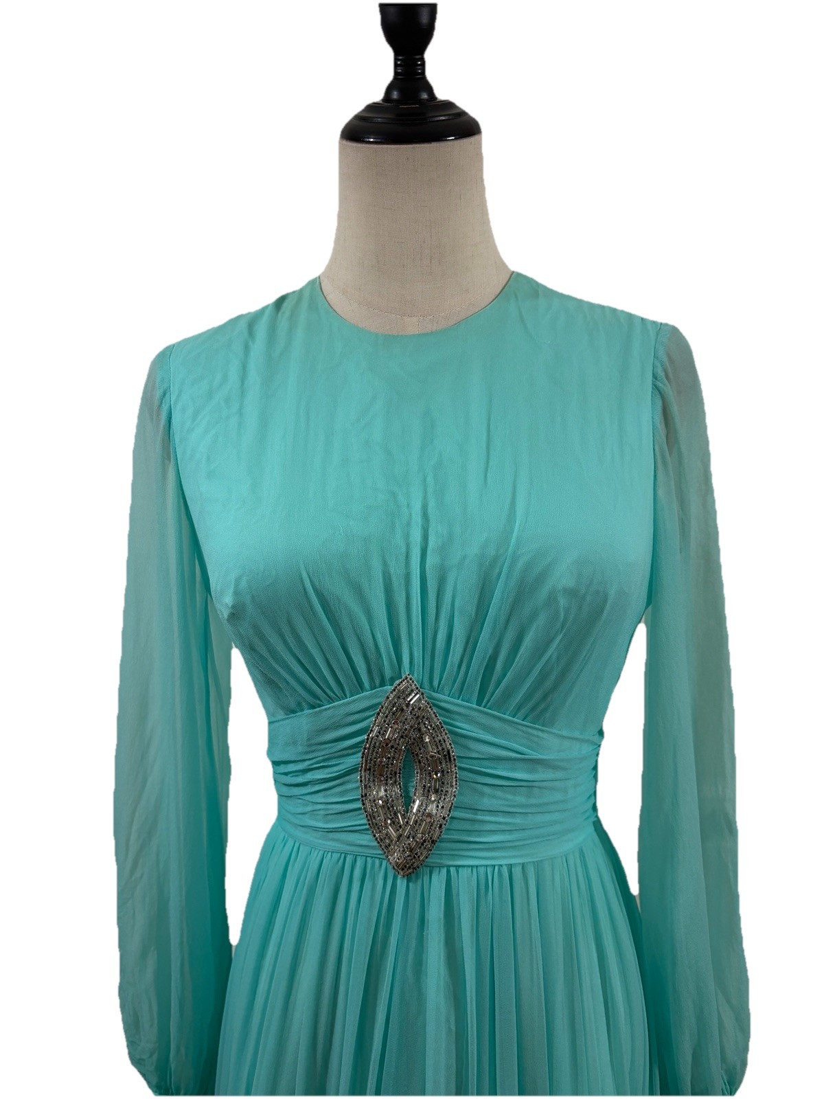 Vtg 70s Teal Blue Chiffon Maxi Dress Beaded Emblishment Sheer Sleeves 26” W