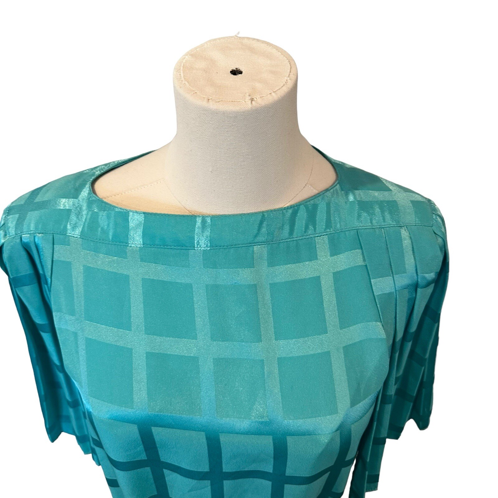 Vintage Teal Blue Windowpane Satin Midi Dress Pleated Flutter Sleeve Belted M