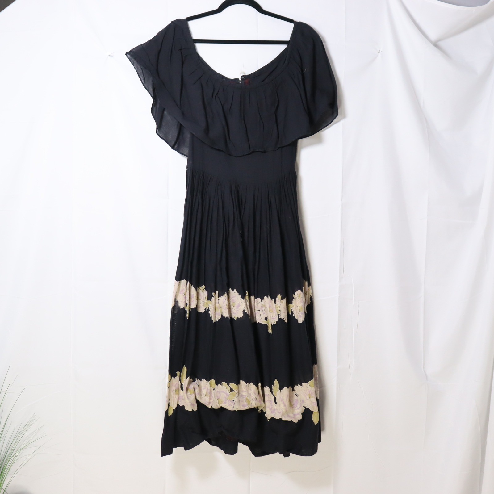 Vintage Albert Nipon Floral Midi Dress 8 Black Womens Off Shoulder Ruffle Flare