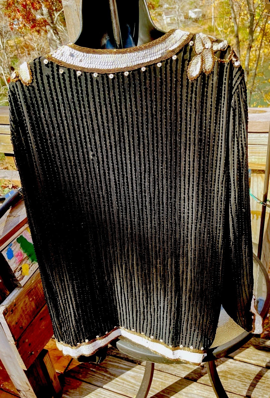 Vintage SCALA SILK, Black, White and Gold Sequined Beaded Jacket 3XL
