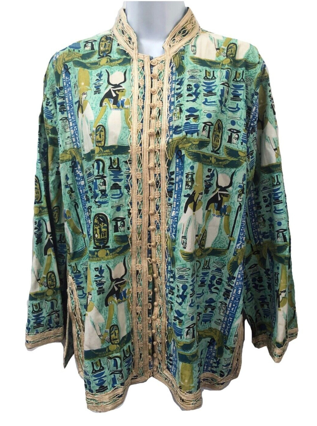 1970’s Nehru Aqua Blue Egypt Hieroglyphic Novelty Print Button Cotton Tunic M/L