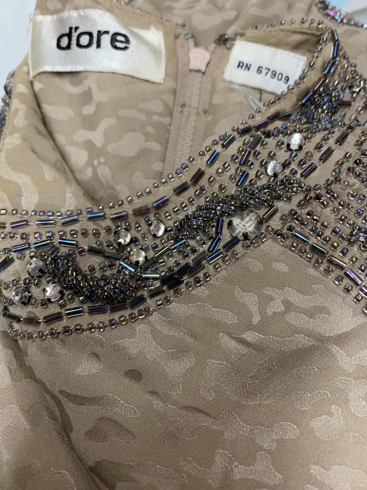 Vintage Heavy Beaded Dynasty Taupe Silk Dress Designer D’ore Animal Print Sz 14