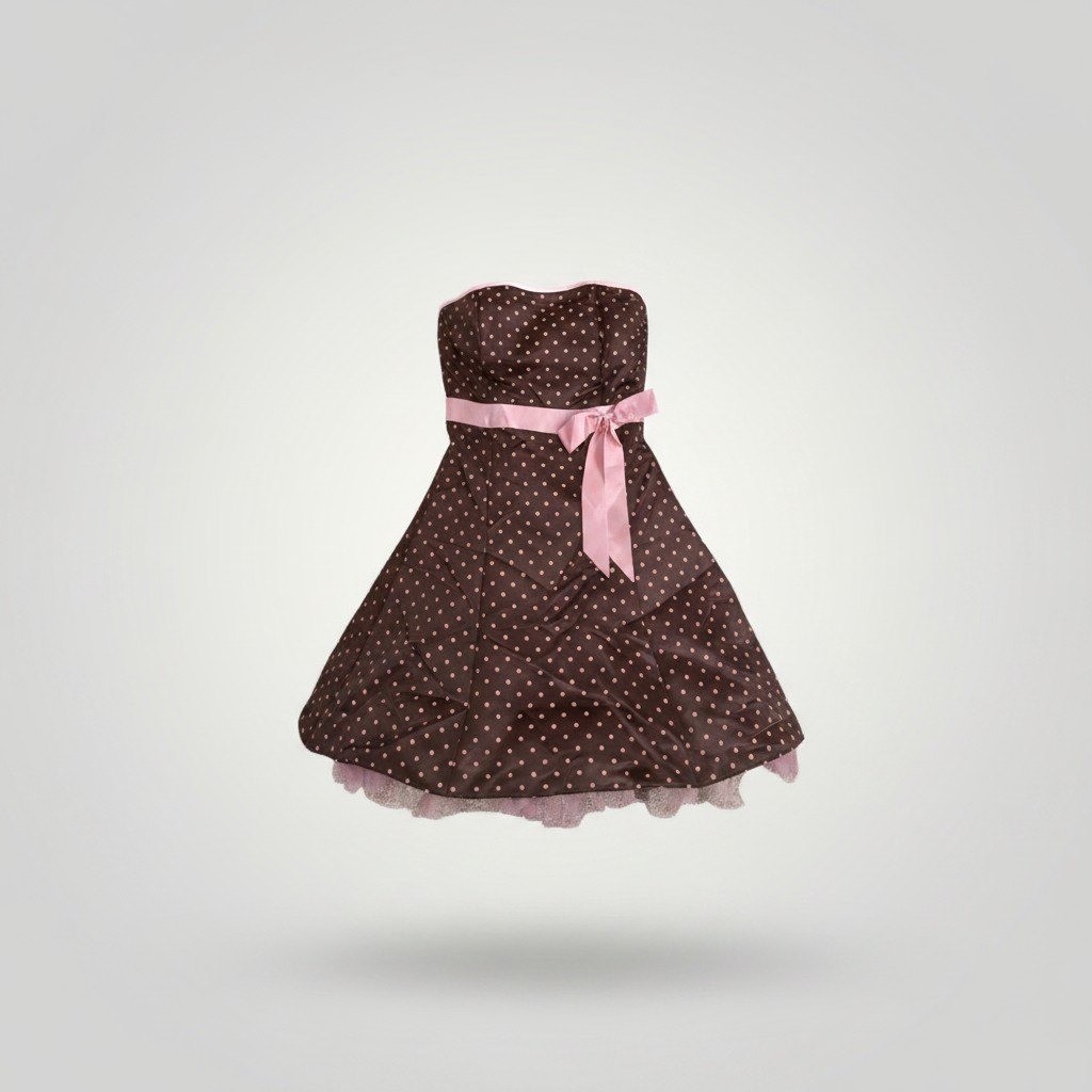 Jessica McClintock Gunne Sax Dress 9/10 Brown Pink Polka Dot Strapless Tulle 50s
