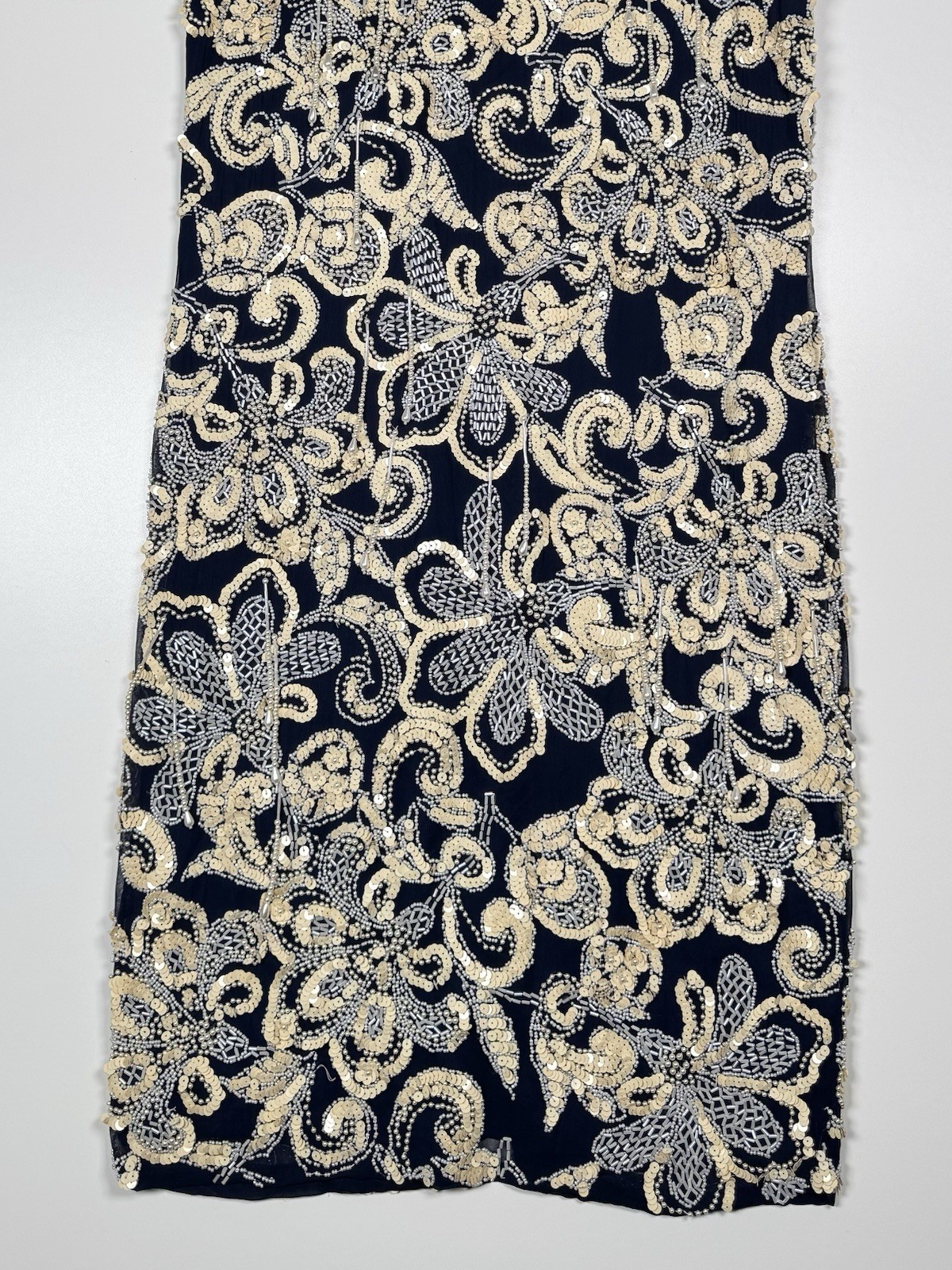 Vintage 80s 90s NITE LINE Beaded Sequin Silk Dress Blue Gold Floral Niteline 10