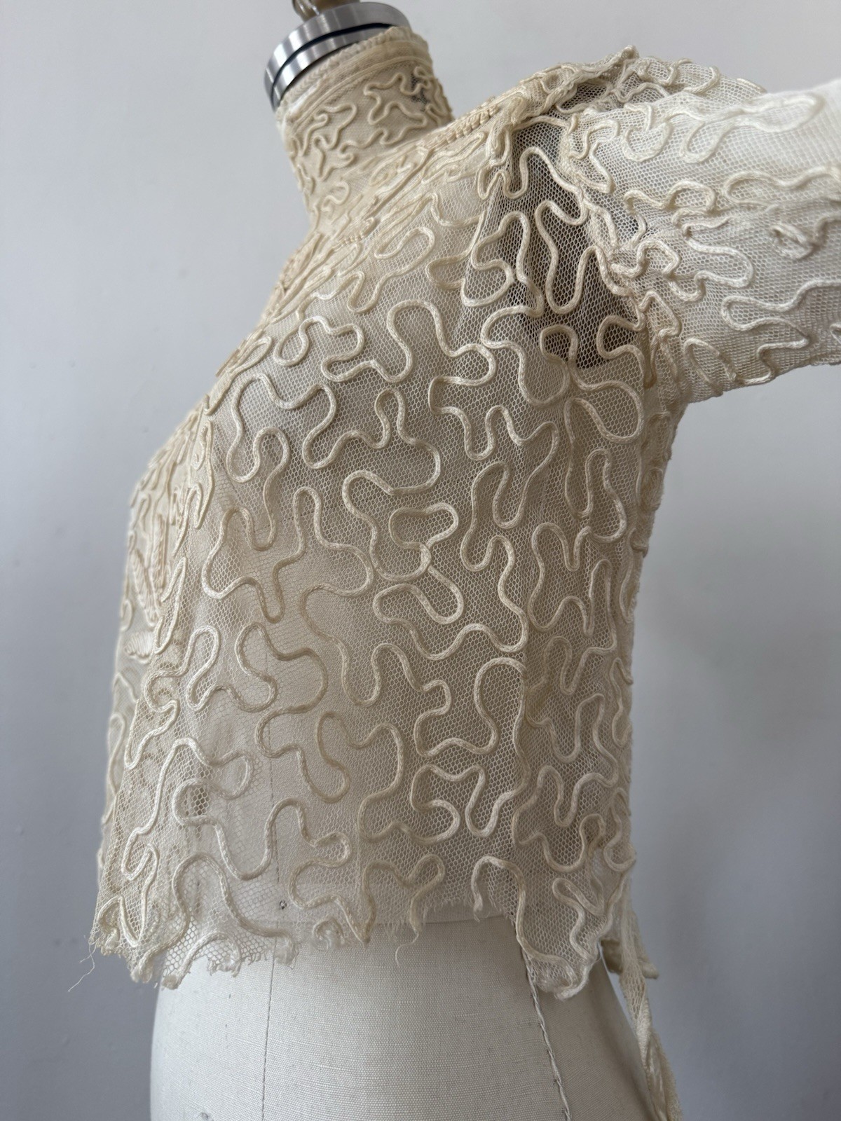 Antique Sheer Net Lace Blouse Top Cord Soutache Embroidery Art Nouveau Bridal XS