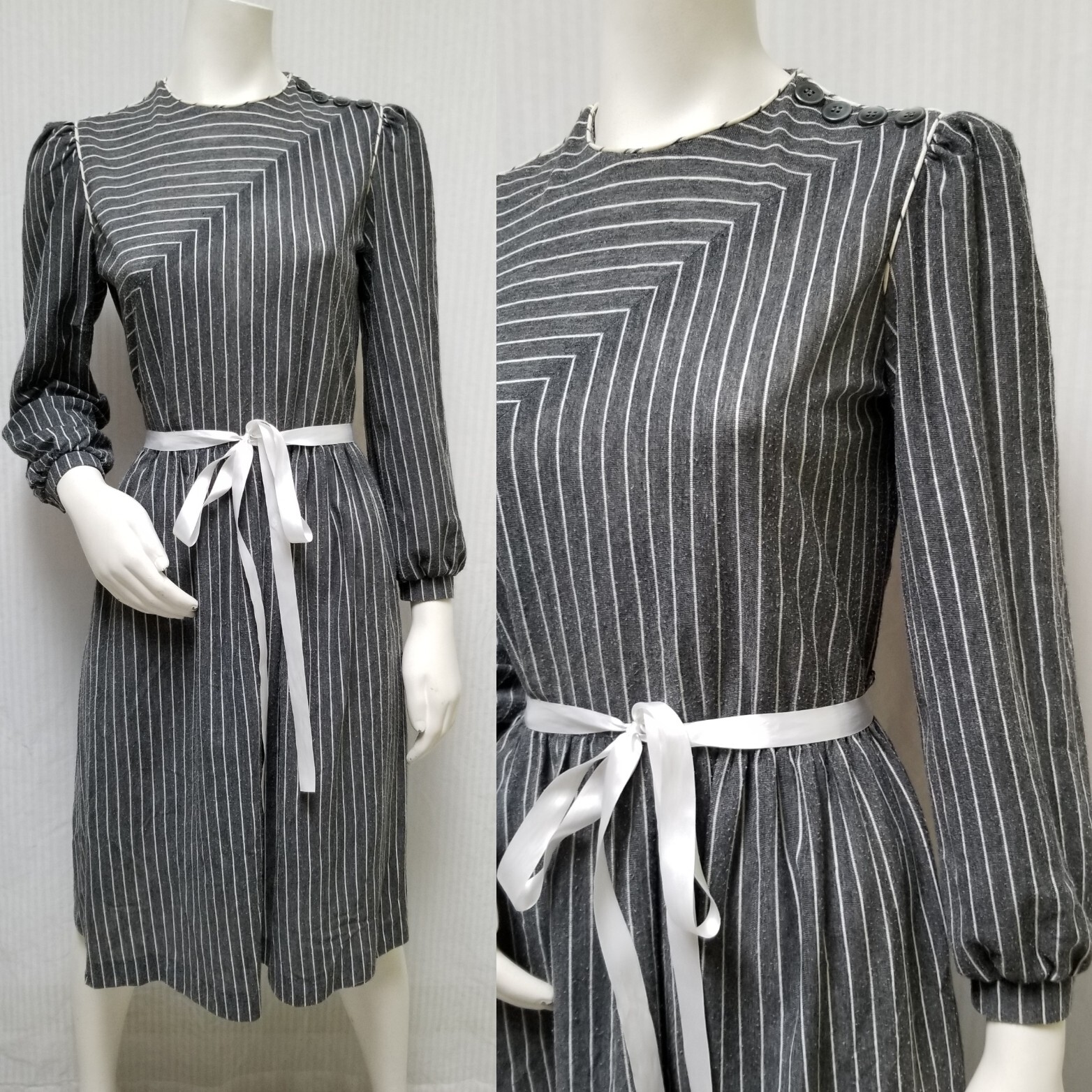 Vintage 1970/80’s NANCY GREER NY Grey White Stripe Knit DRESS – Size M