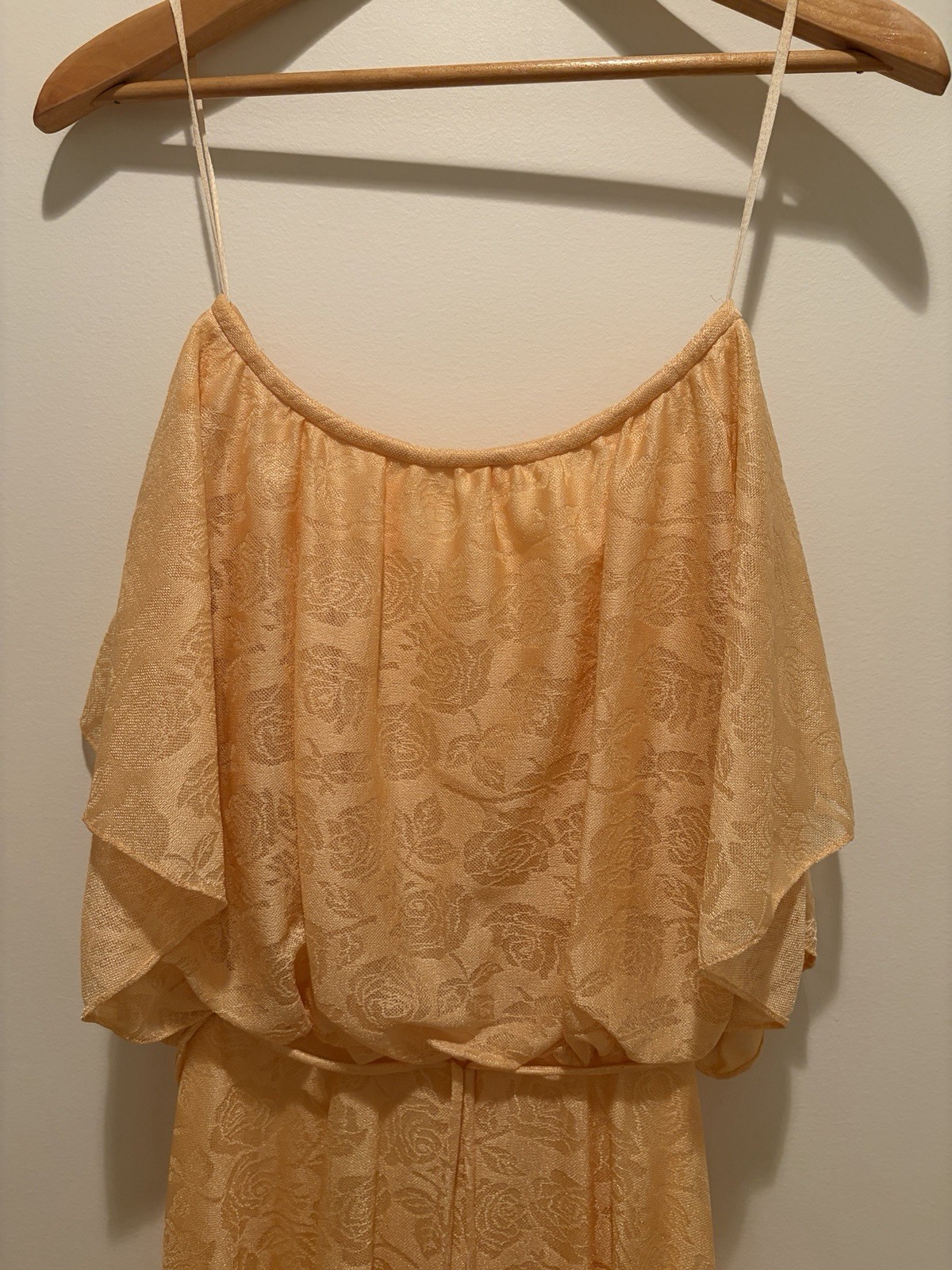 Vtg 70s-80’s Gold Rose Overlay Blouson Maxi Dress Floral Prairie Romantic