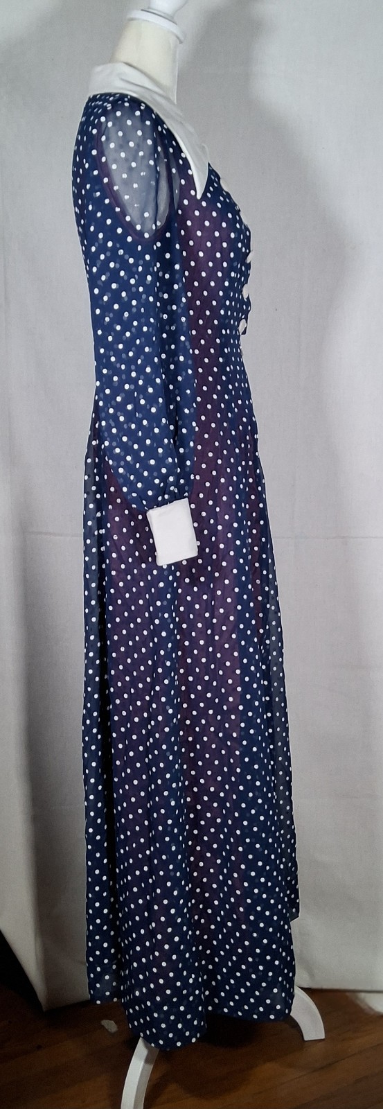 Vtg 70s Blue And White Polka Dots Chifon Long Maxi Dress Korean Tailor Shop Sz S