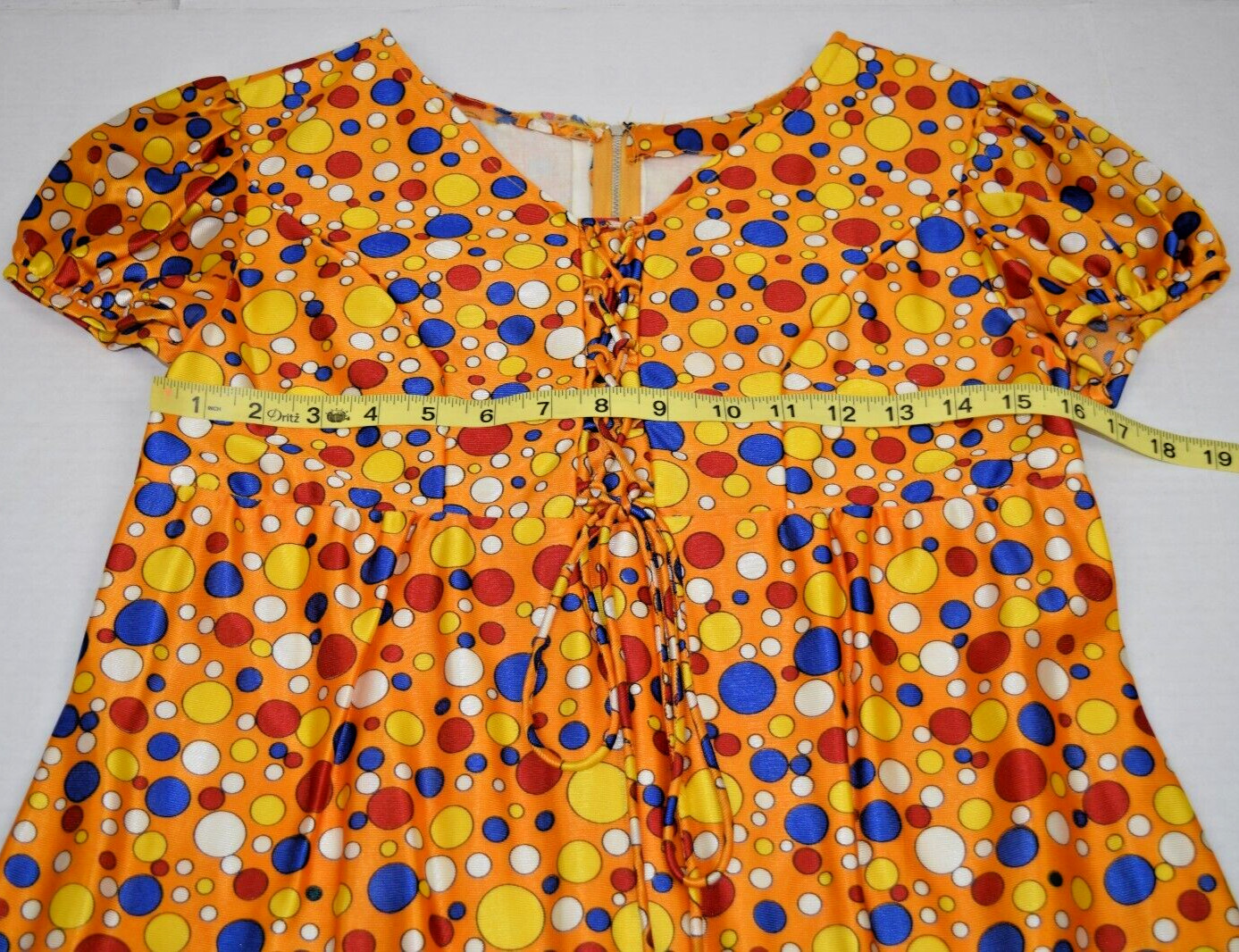 Vintage Mini Dress Size S/M 60s Shiny Orange Red Blue Polka Dot Cute Clown Lined