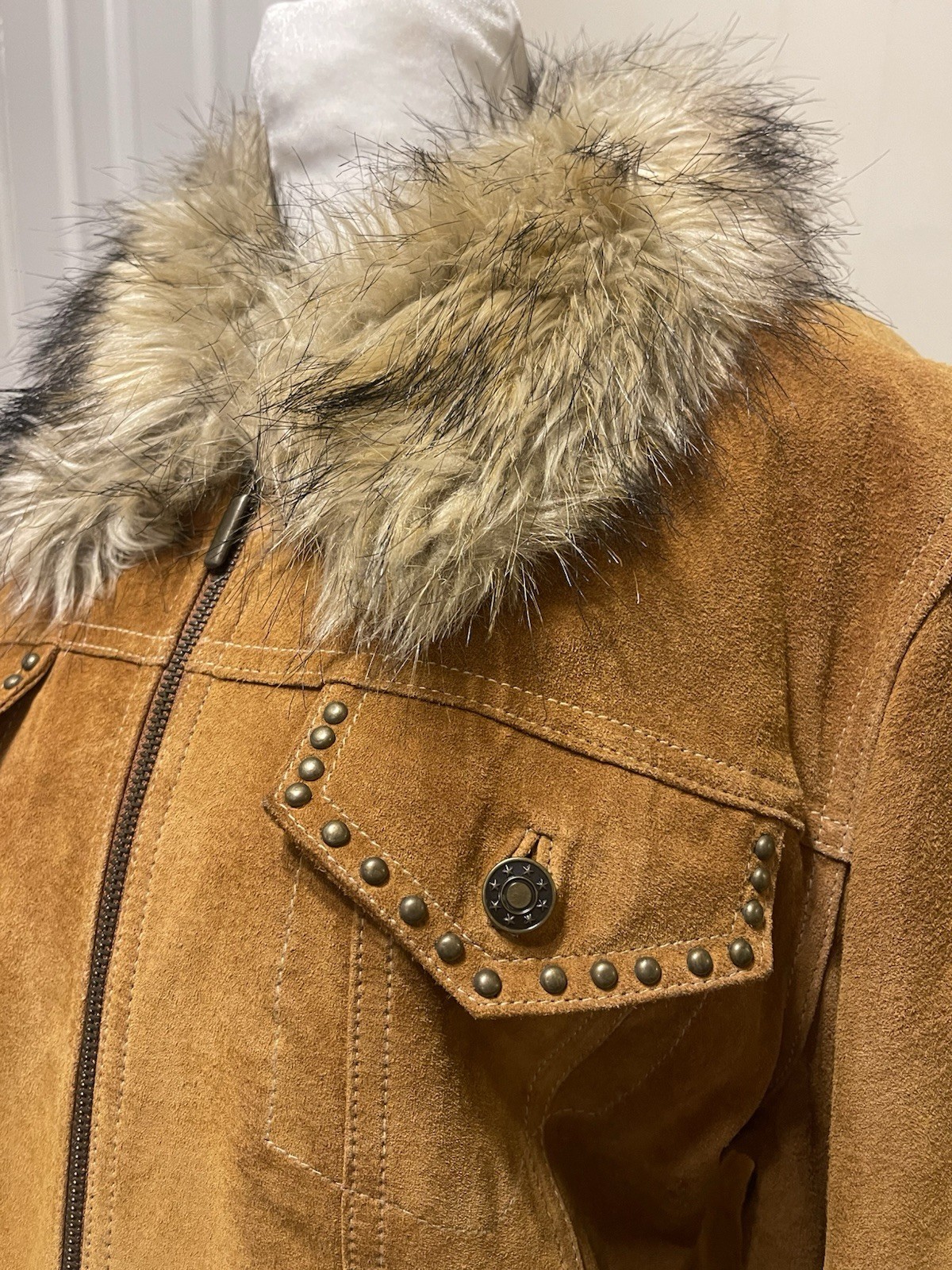 Vtg GIACCA Y2K Genuine Leather Penny Lane Fur Trimmed Studded Full Zip Jacket L