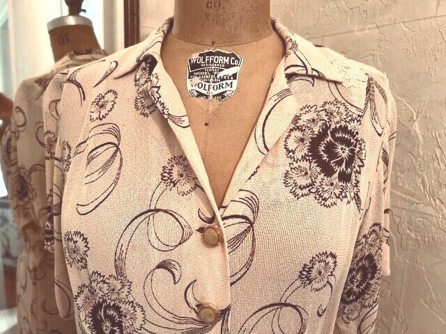 Vintage 40s Linen Rayon Crepe Floral Novelty Print Art Deco Dress M