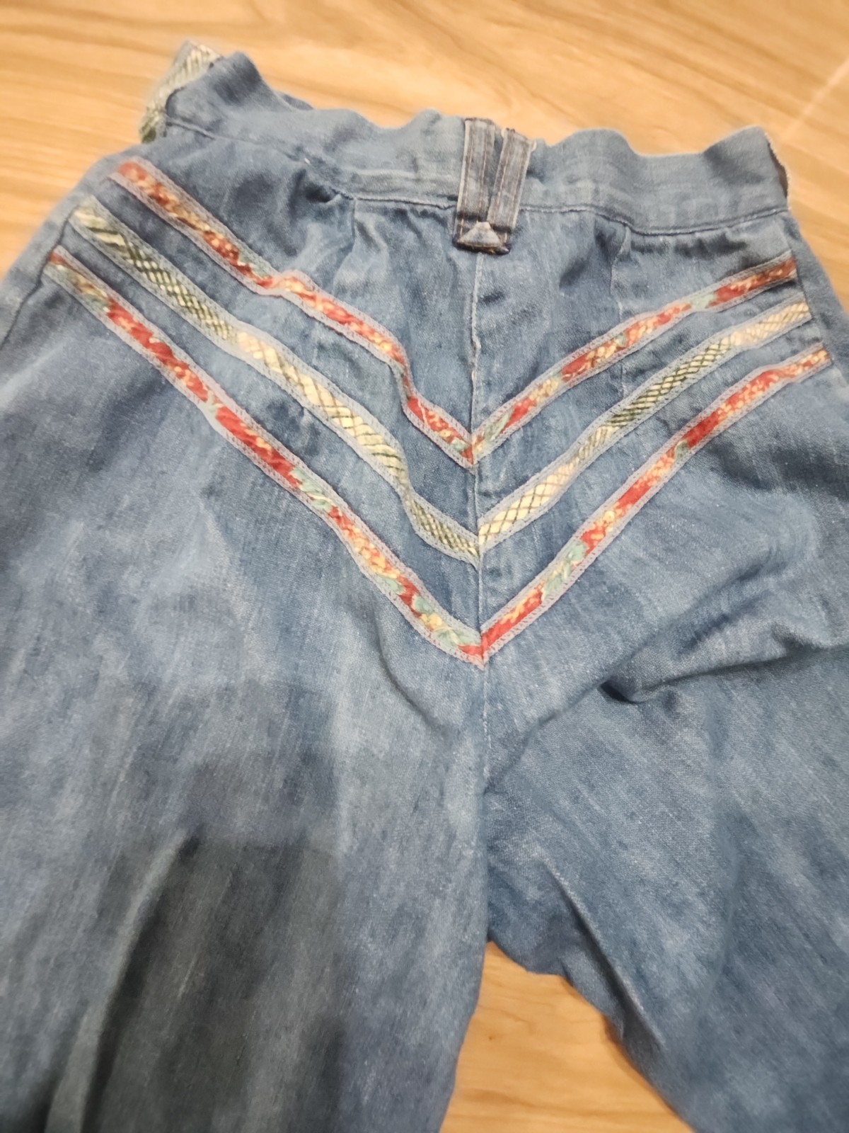Vintage Happy Legs Bell Bottom Jeans Small Chevron Fabric Strips Inseam 29.5