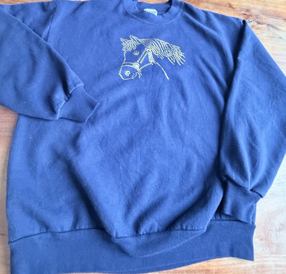 Vintage Navy Blue Appliqué Gems Horse Jerzees Large Crewneck Sweatshirt 90’s