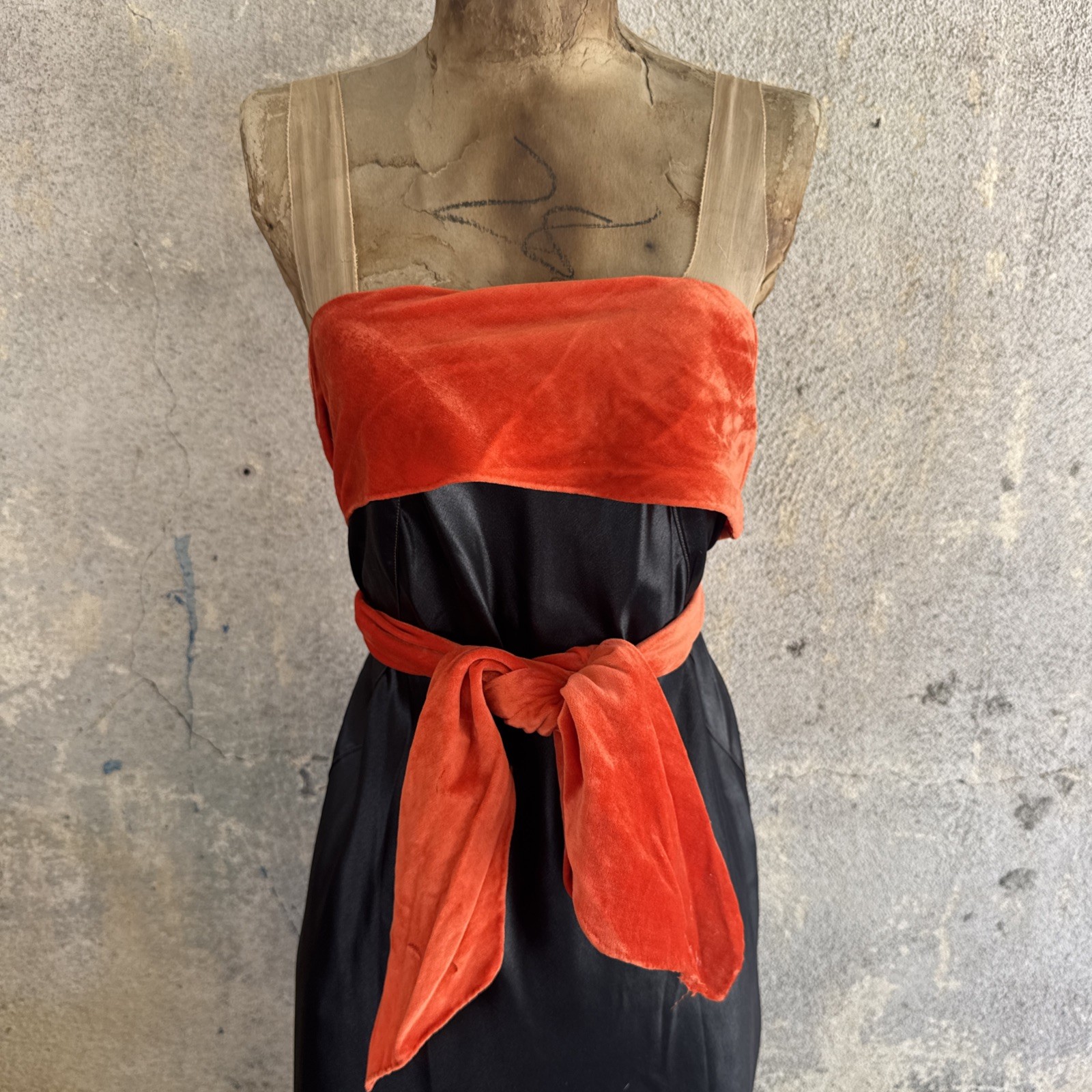 Vintage 1930s Black Silk Satin Dress Orange Silk Velvet Bow Wrap Lace Trim Bias