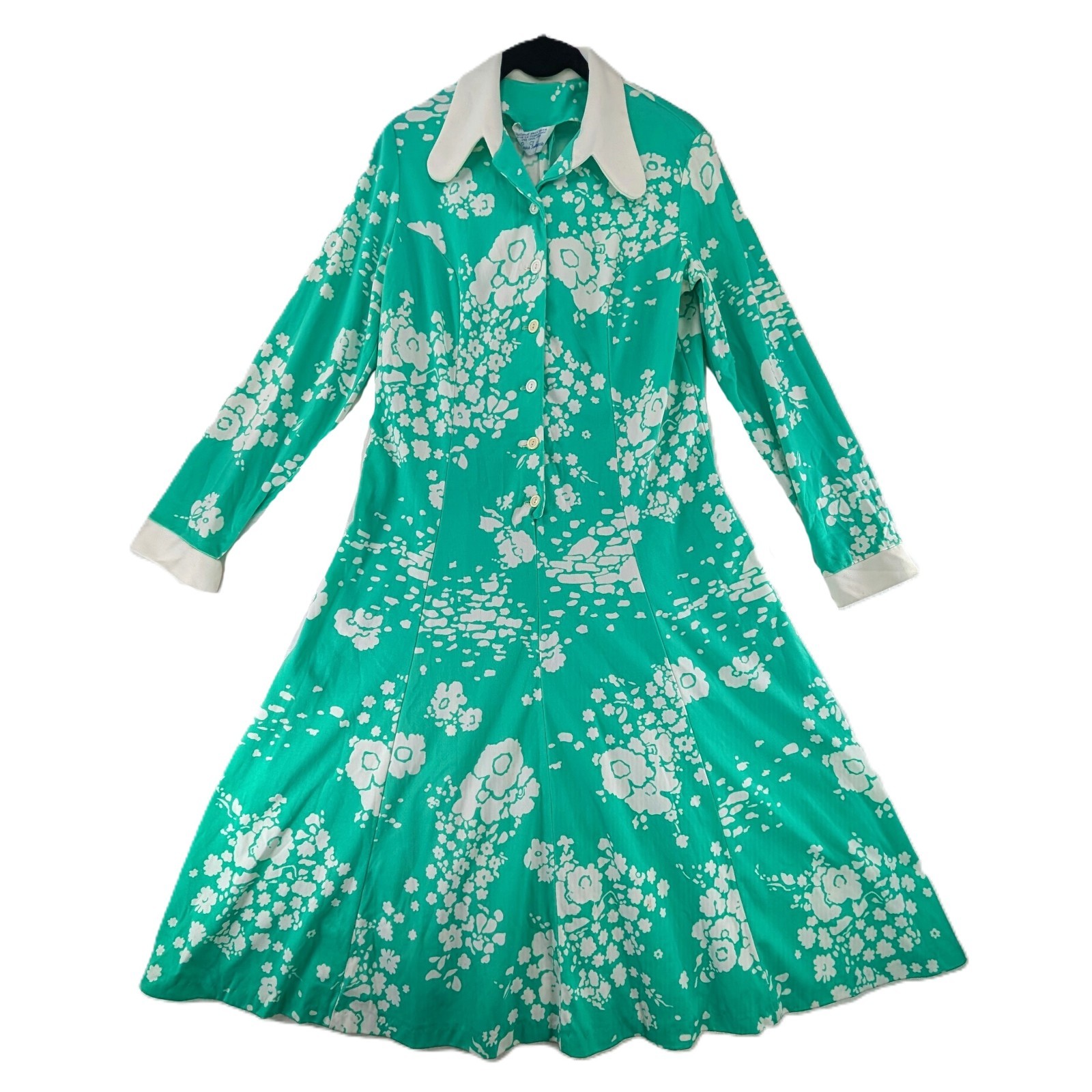 VTG 60s 70s Sears Fashions Dress Womens Sz L Floral Mint Green Buttons Secretary