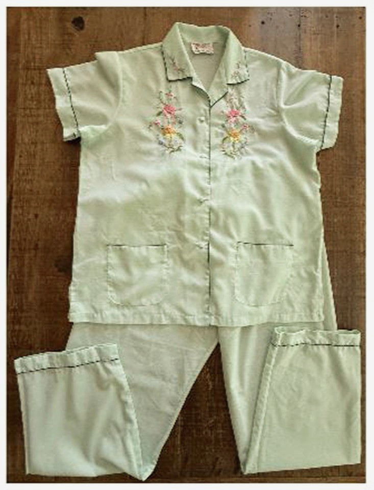 VTG Plum Blossoms Hand Embroidery Pajama Set Cotton Blend Pockets Green Sz XL
