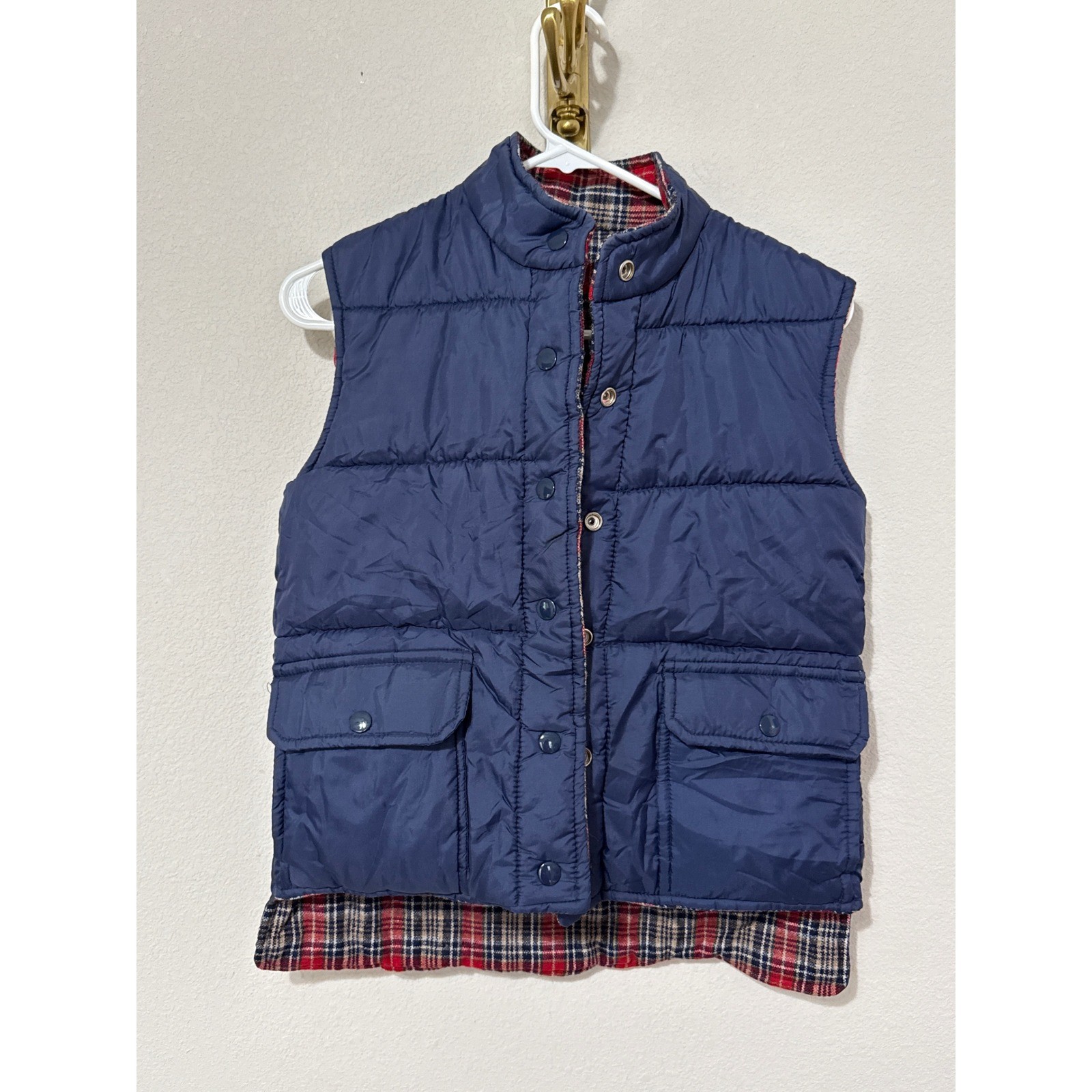 Vintage Reversible Wool Puffer Vest Women Small Navy Plaid Quilted Snap Front