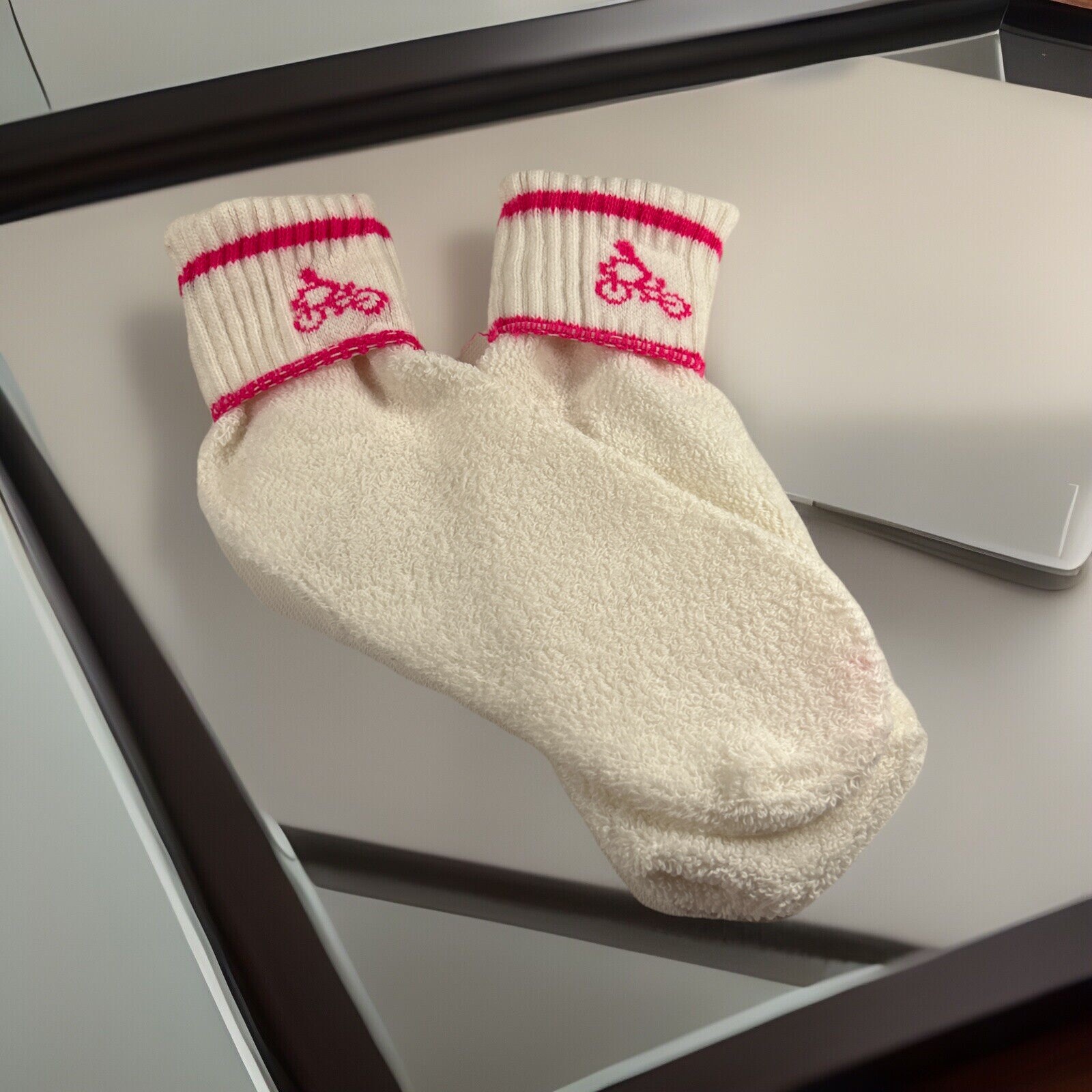 VTG Hot Pink Socks Ankle Terry Cloth Striped White Size 7-9 NOS 90s Roll Down