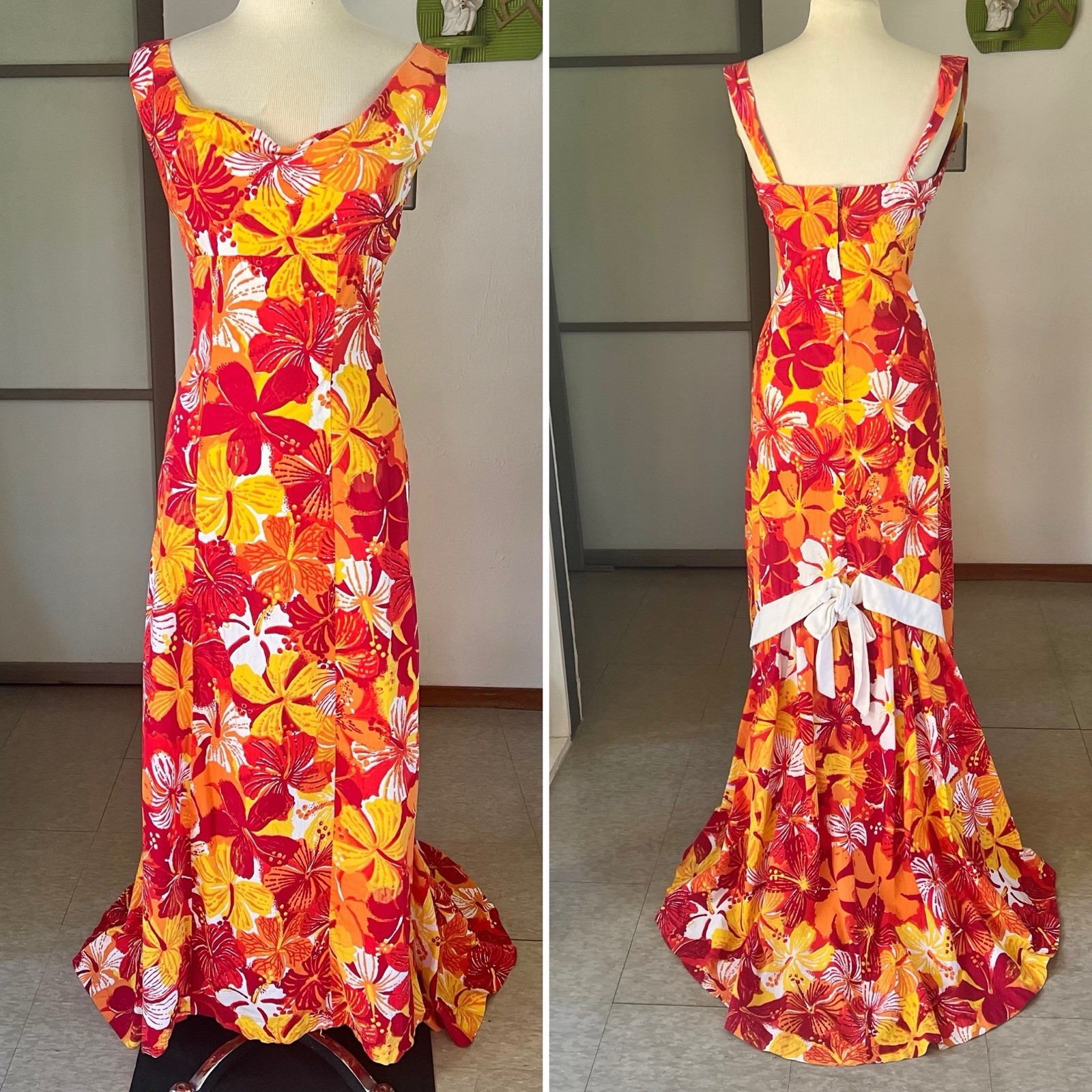 1950s Vintage Alfred Shaheen Hawaiian Maxi Wiggle Dress With Train 27w