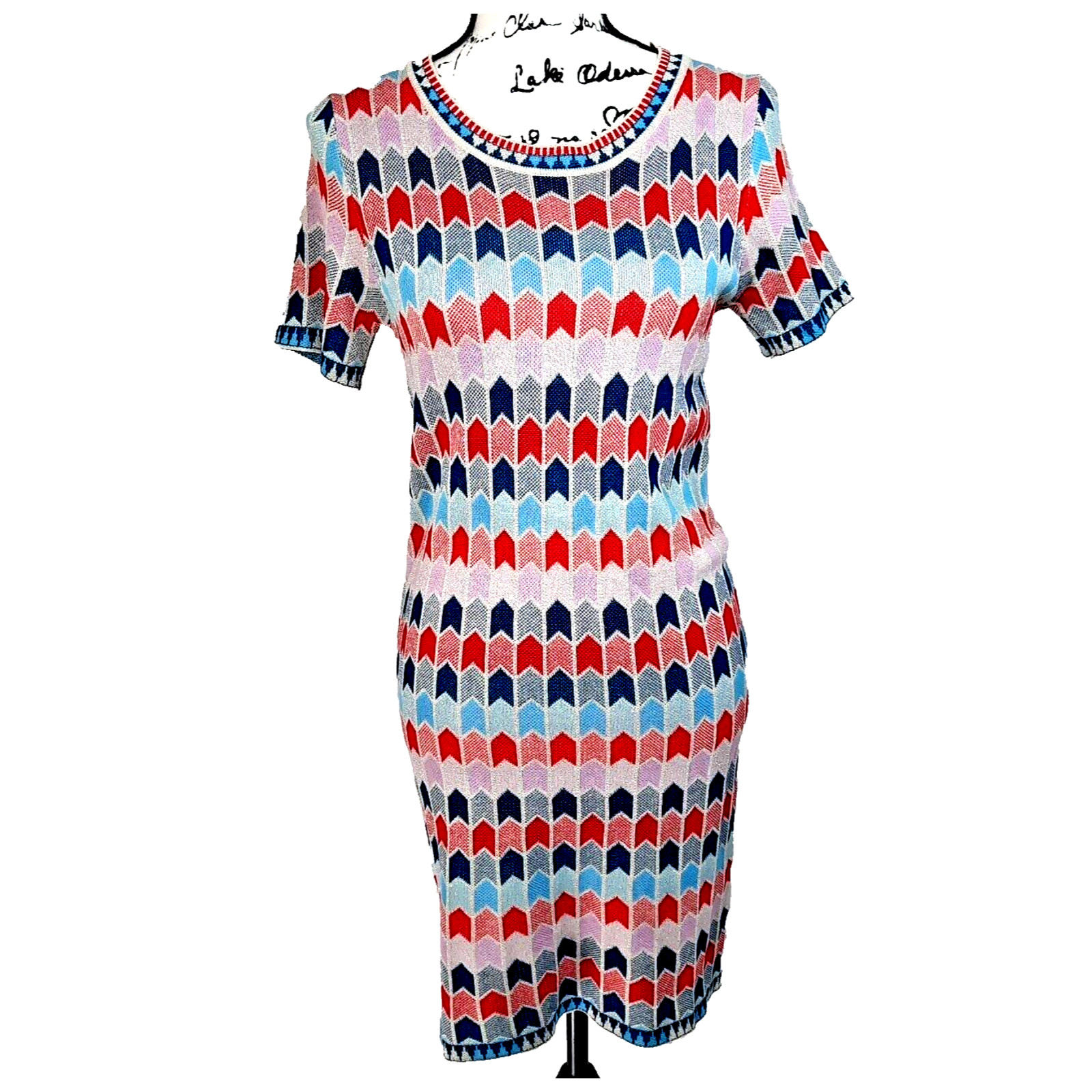 Vintage 60s MOD Geometric Silver Metallic Knit Dress Medium Red Pink Blue Retro