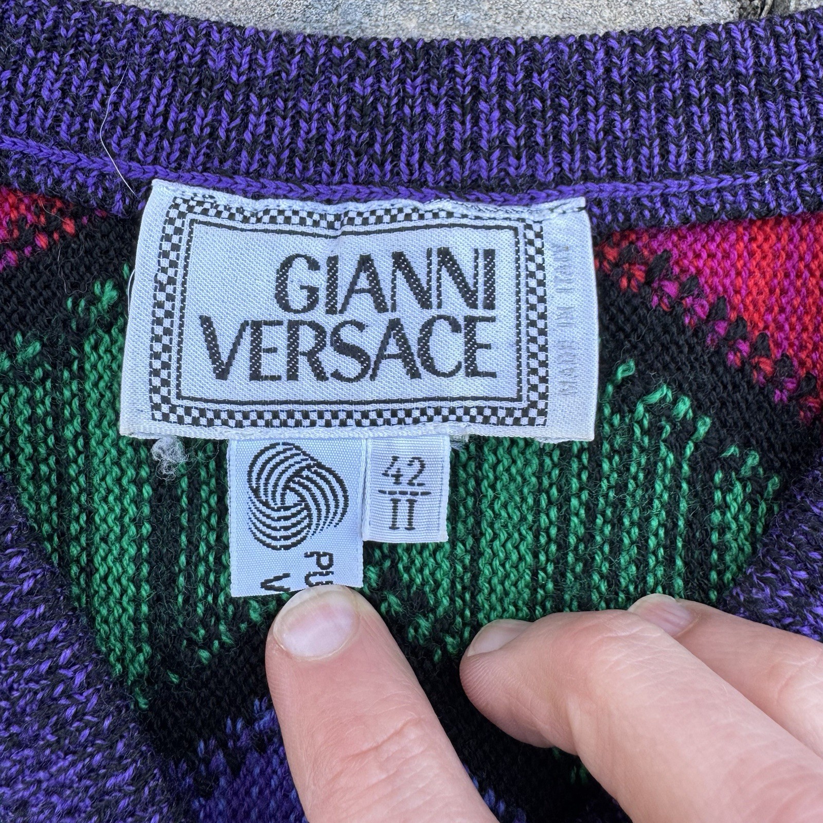 VTG 90s Gianni Versace Virgin Wool Cardigan Sweater Colorful Gold Buttons S READ