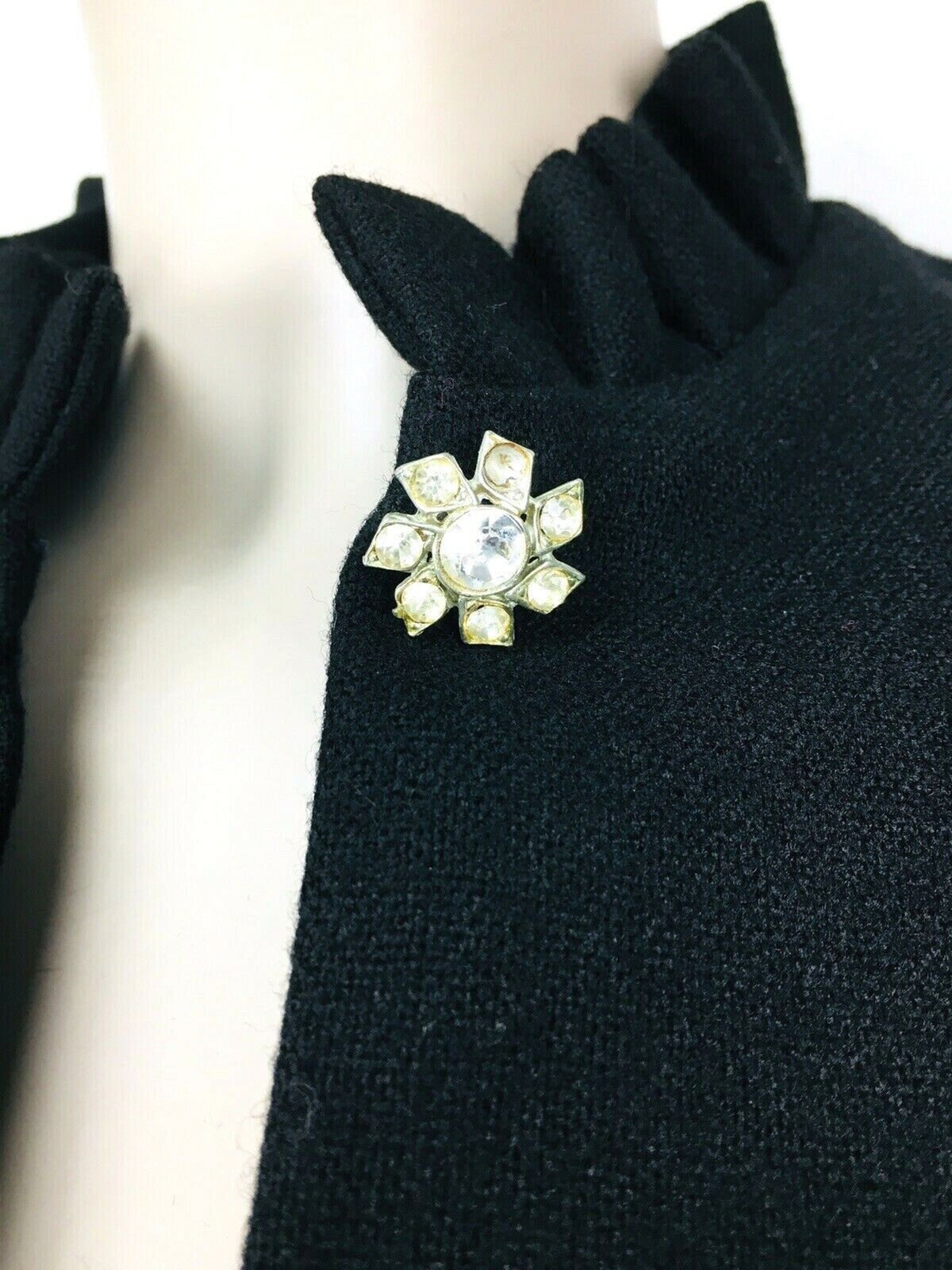 Vintage 70s C’est Simone Black Wool Jacket Rhinestone Detail Ruffled Neck Cuffs