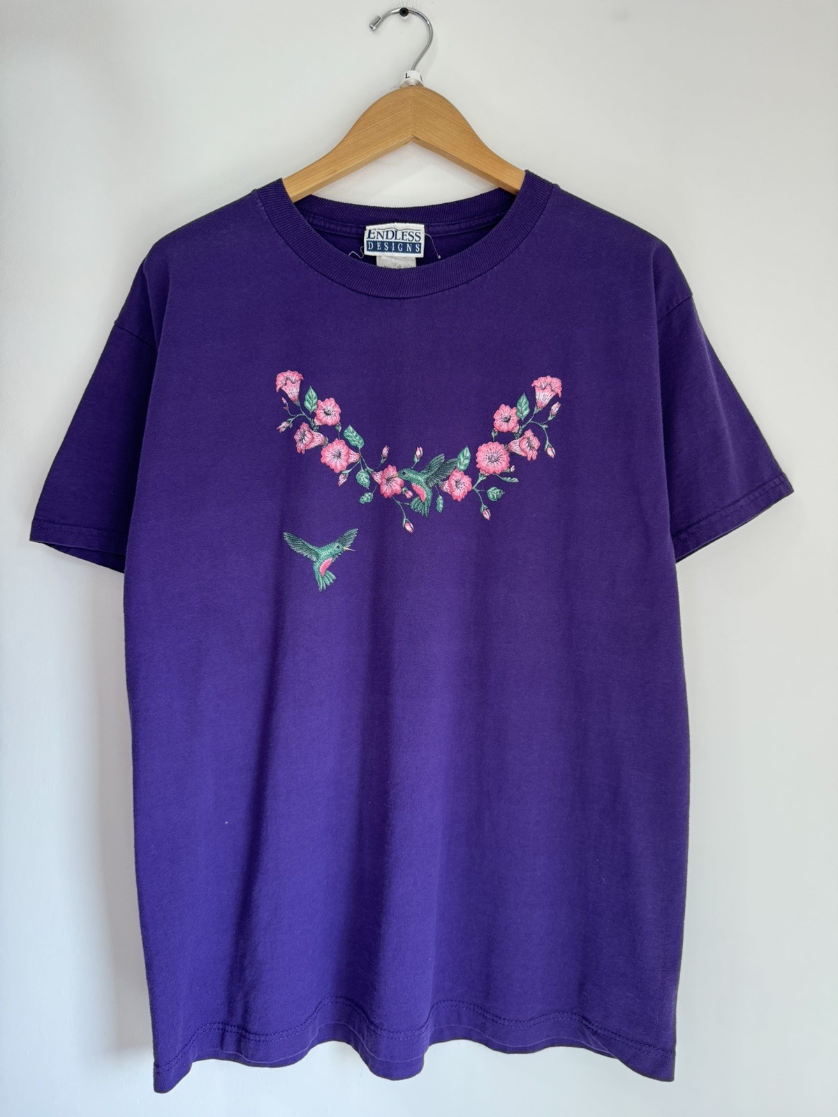 Vintage 90s Endless Designs Flower Nature Hummingbird T-Shirt Purple Large
