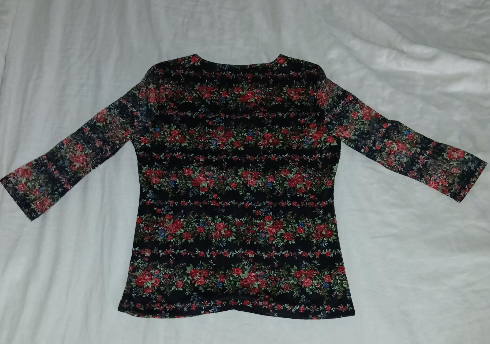 Vtg Y2K Dark Romantic Floral Top Sz M Black/Red 3/4 Sheer Sleeves Gothic