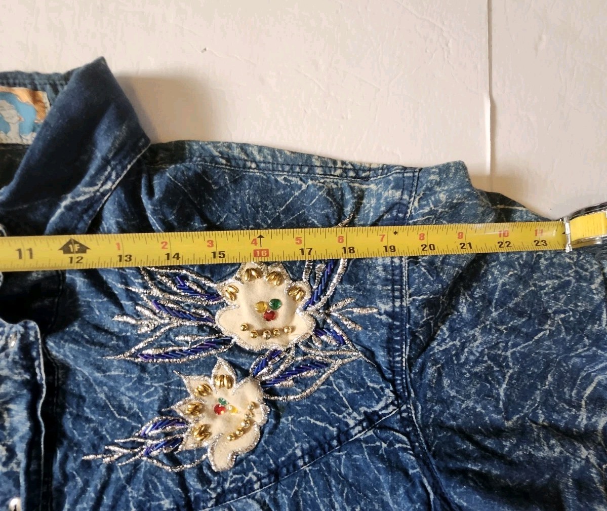Vintage 80s Skirt and Top Denim Set Western Style w/ Multicolored Beads Snow Blu